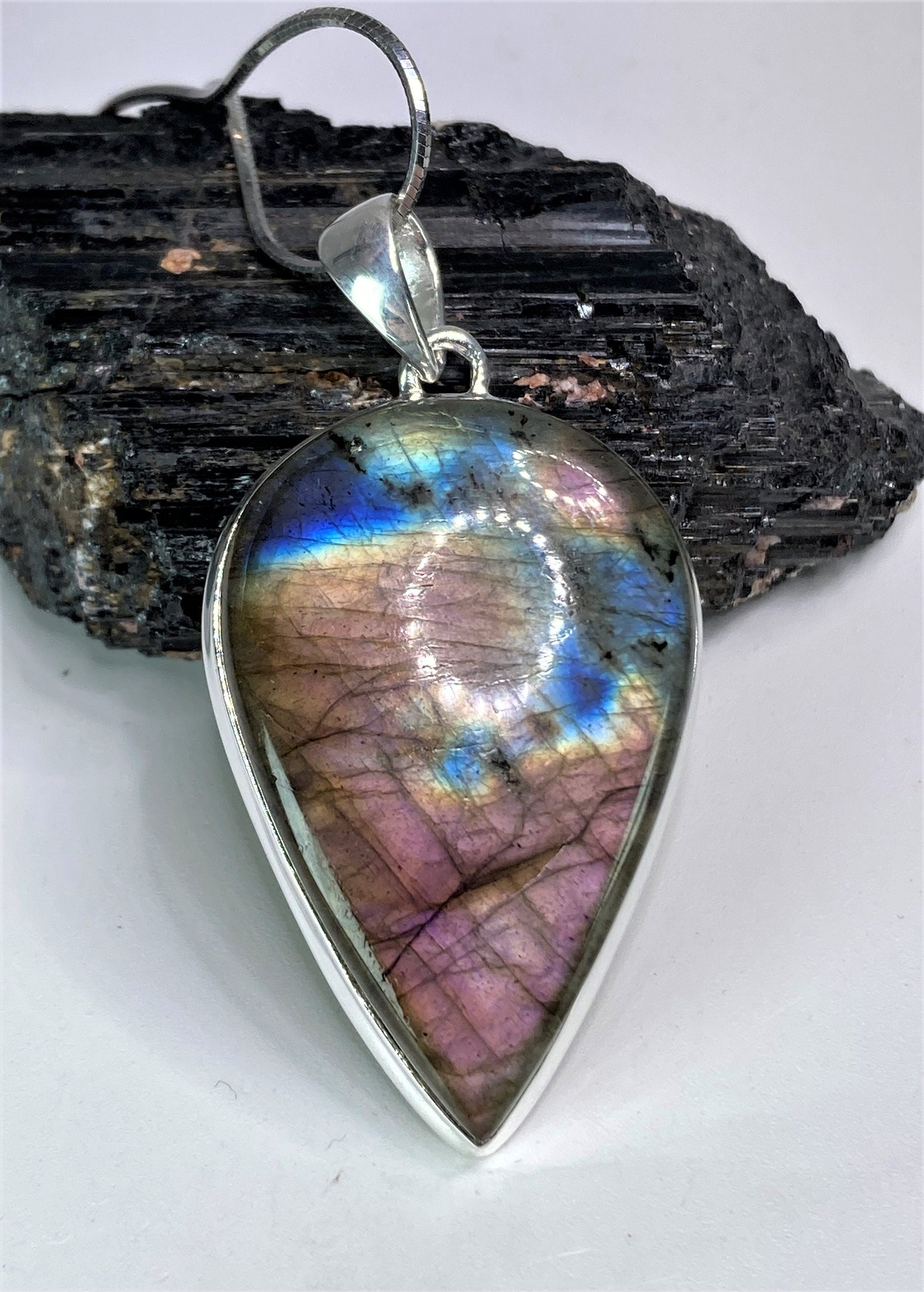 Grade A - Rare Pink Labradorite and Silver Pendant (UV4444)