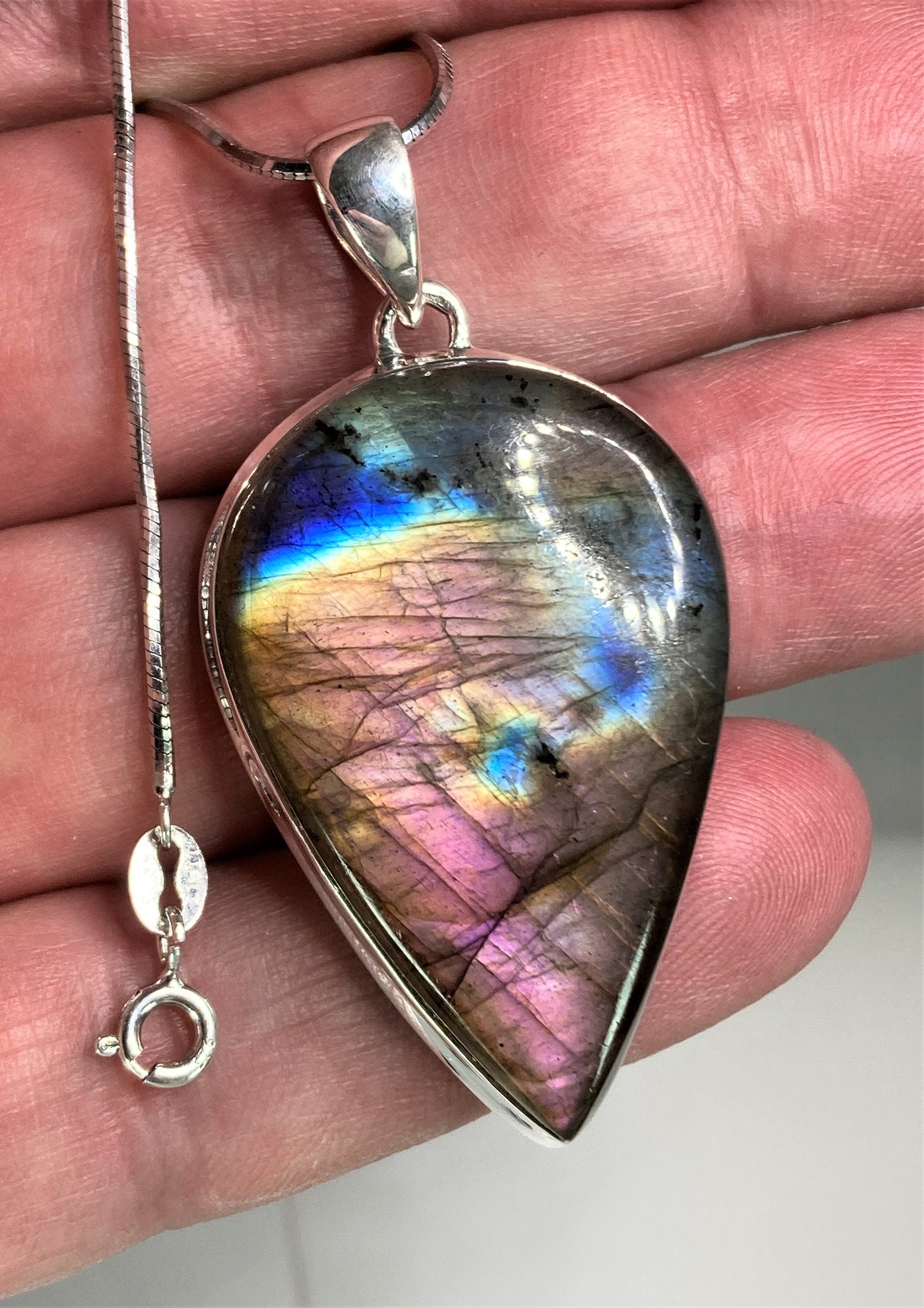 Grade A - Rare Pink Labradorite and Silver Pendant (UV4444)