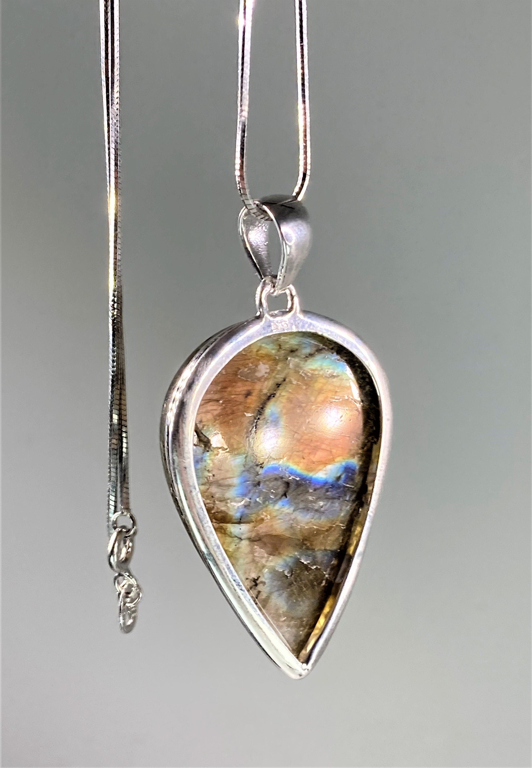 Grade A - Rare Pink Labradorite and Silver Pendant (UV4444)