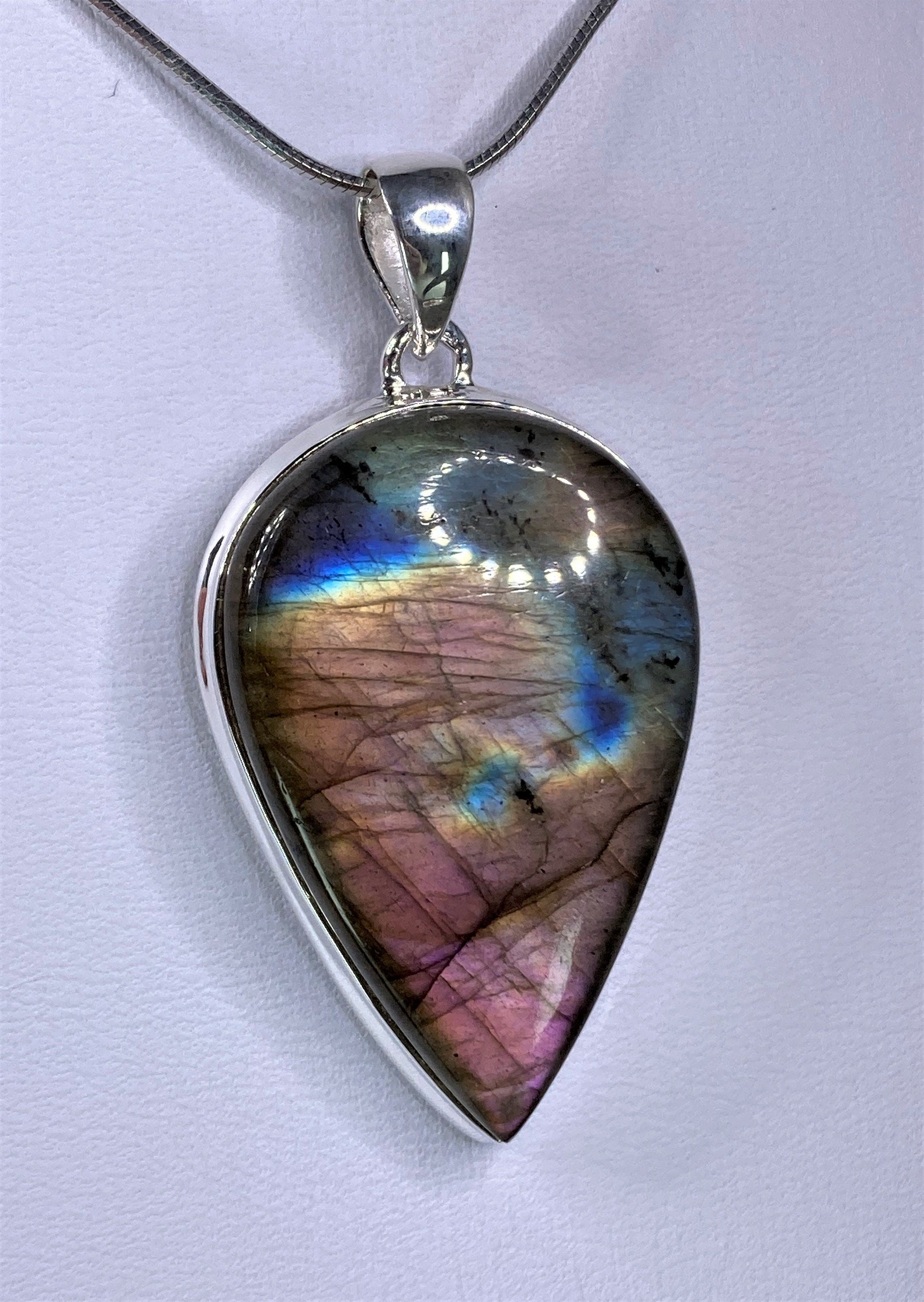 Grade A - Rare Pink Labradorite and Silver Pendant (UV4444)