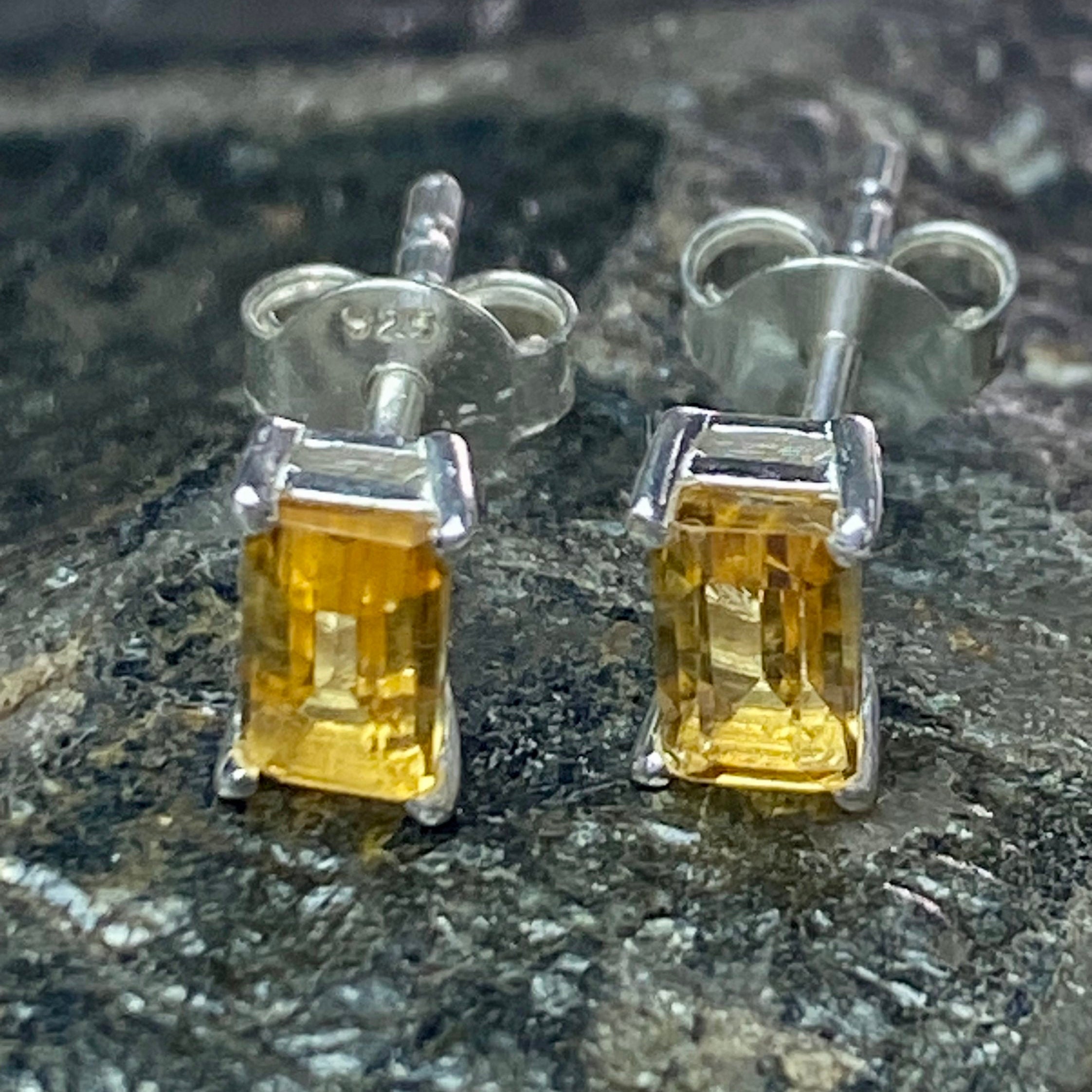 Baguette-cut Citrine and Sterling Silver Studs UV