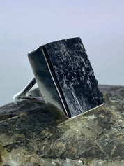 Natural Black Tourmaline and Silver Ring (F)