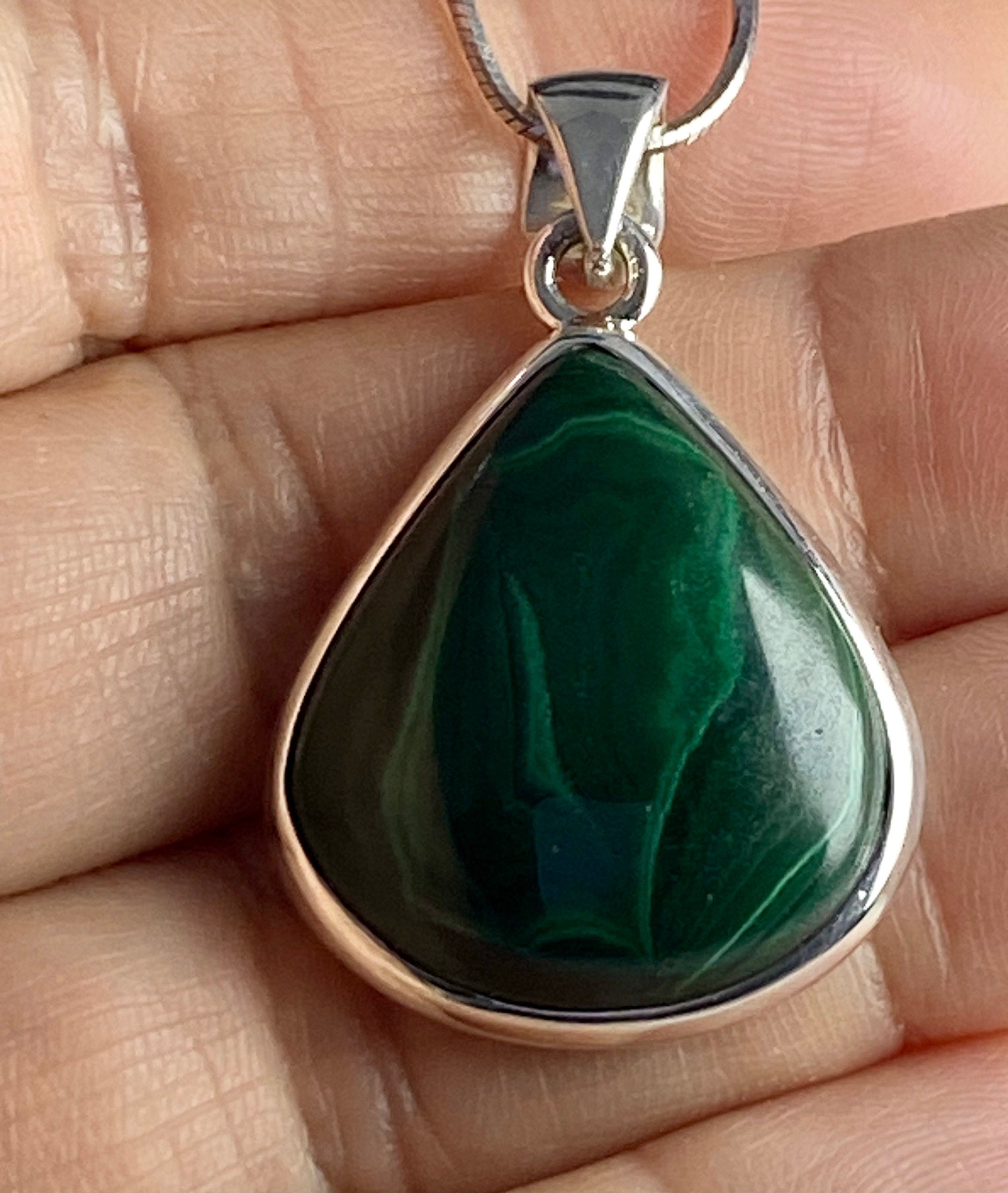 Natural Malachite and Silver Pendant Including the Chain (M0523)