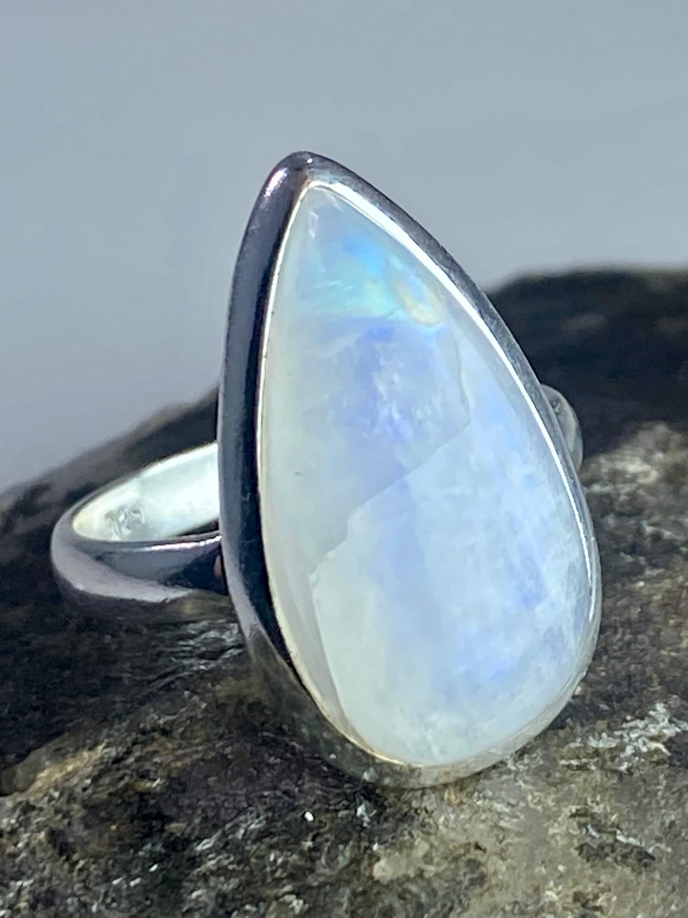 Blue Fire Moonstone and Sterling Silver Ring (M0523)