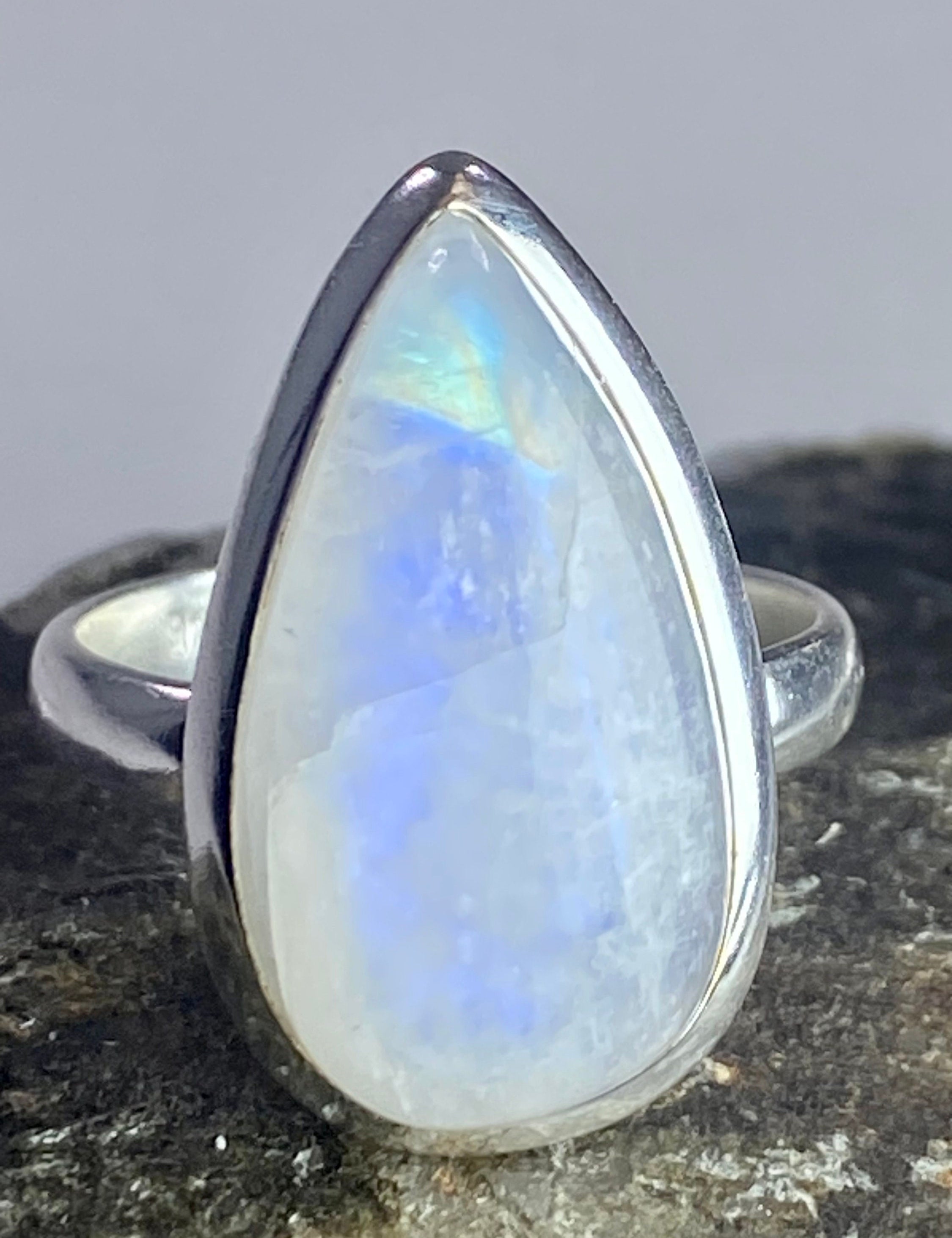 Blue Fire Moonstone and Sterling Silver Ring (M0523)