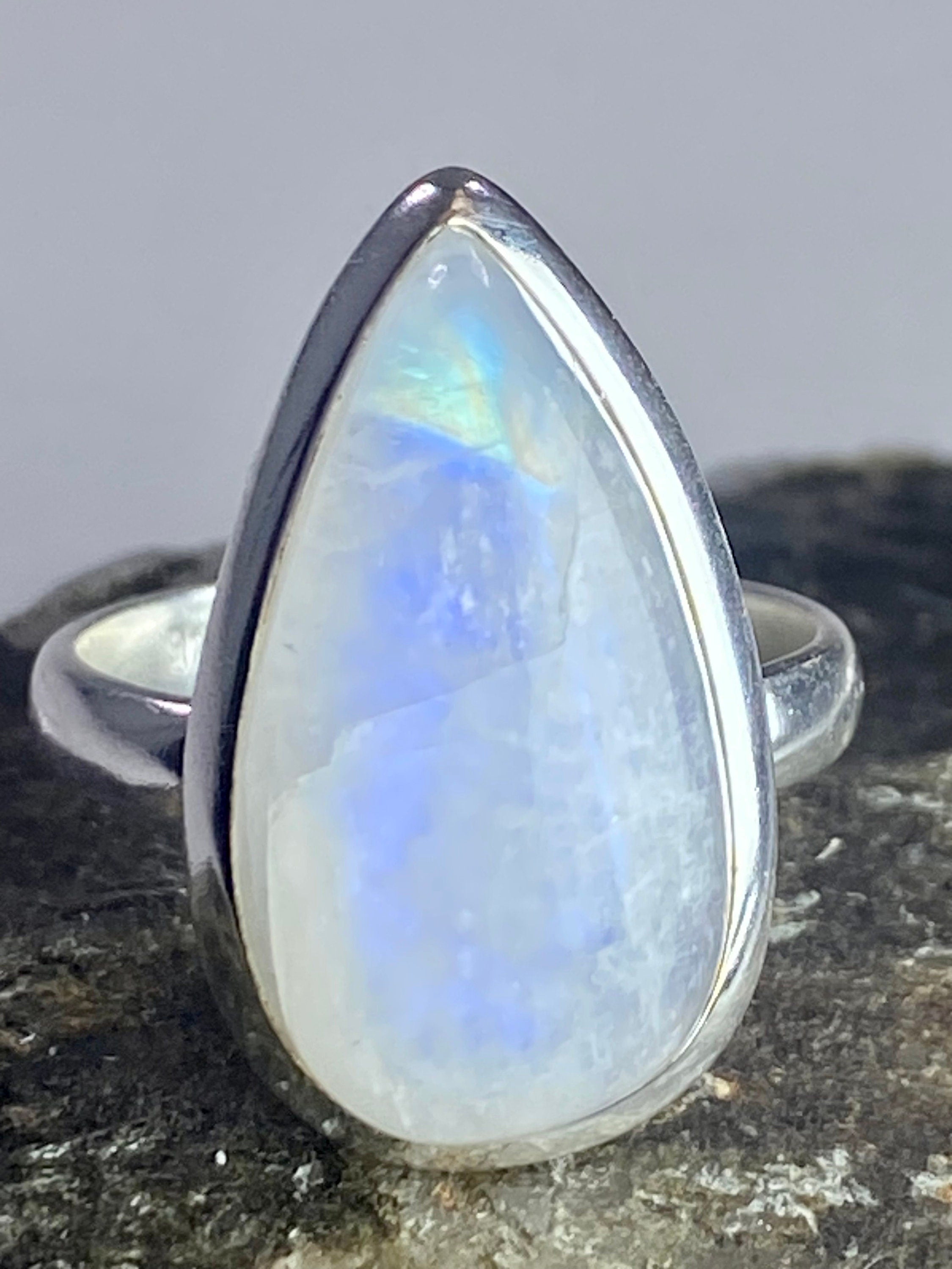 Blue Fire Moonstone and Sterling Silver Ring (M0523)