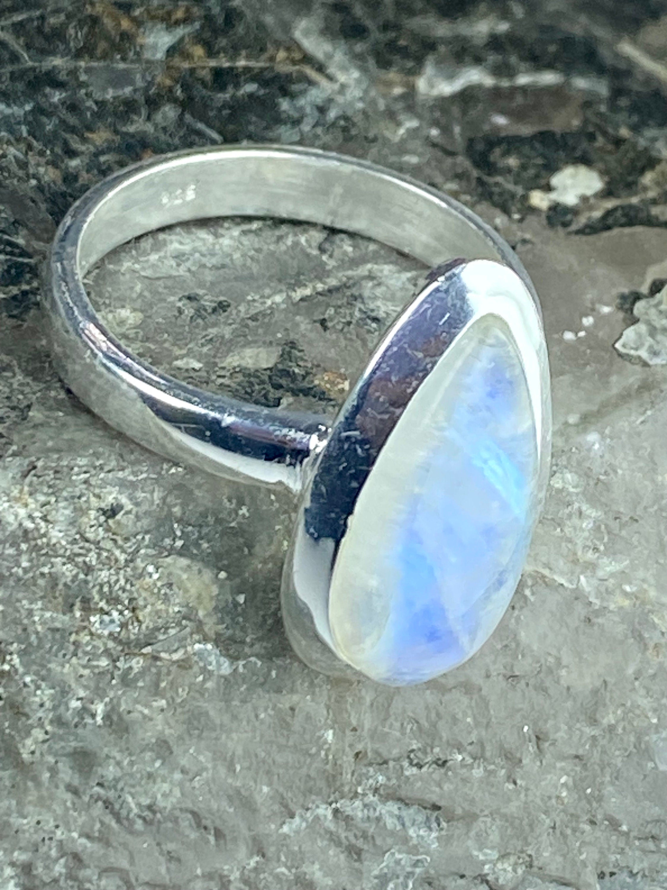 Blue Fire Moonstone and Sterling Silver Ring (M0523)