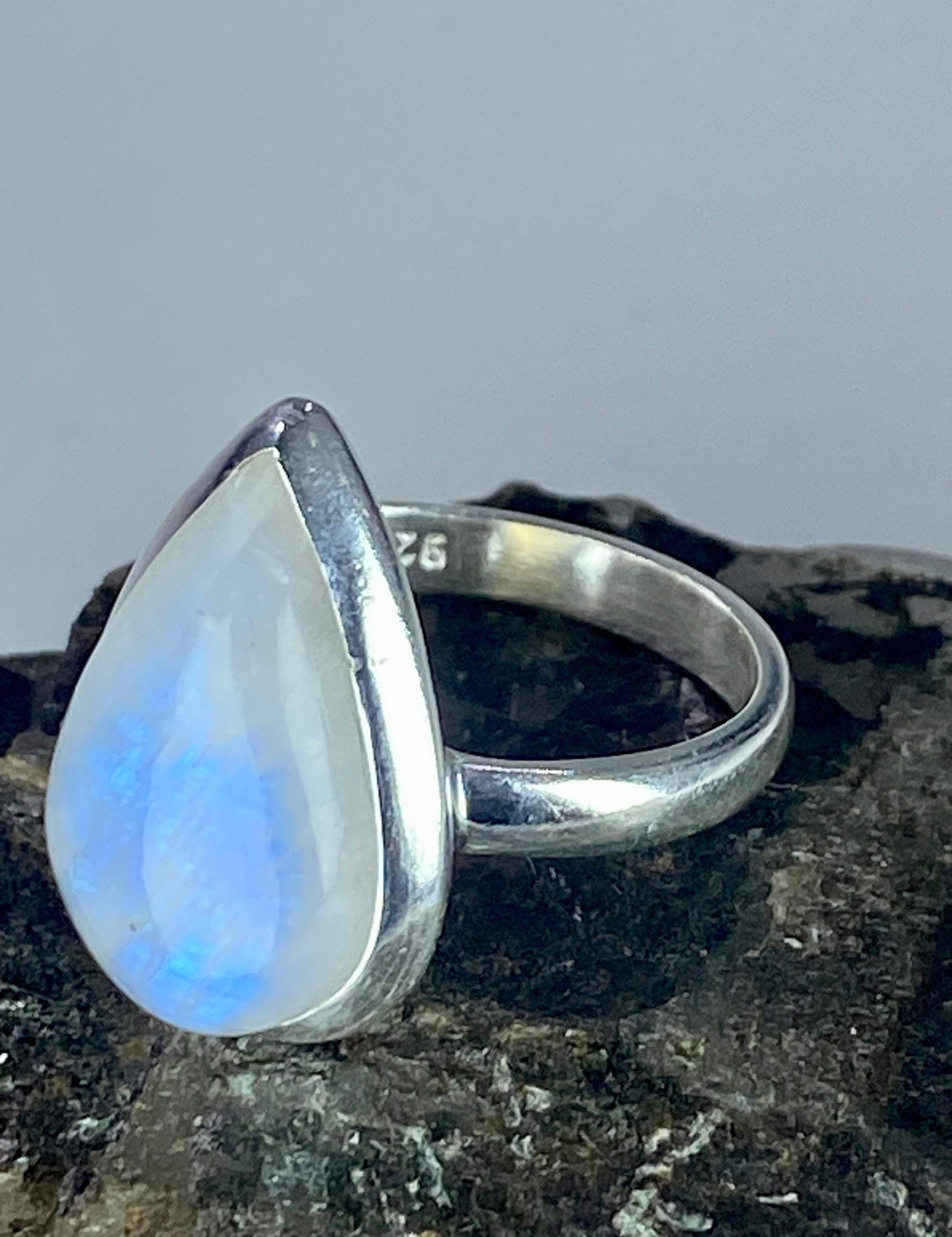 Blue Fire Moonstone and Sterling Silver Ring (M0523)