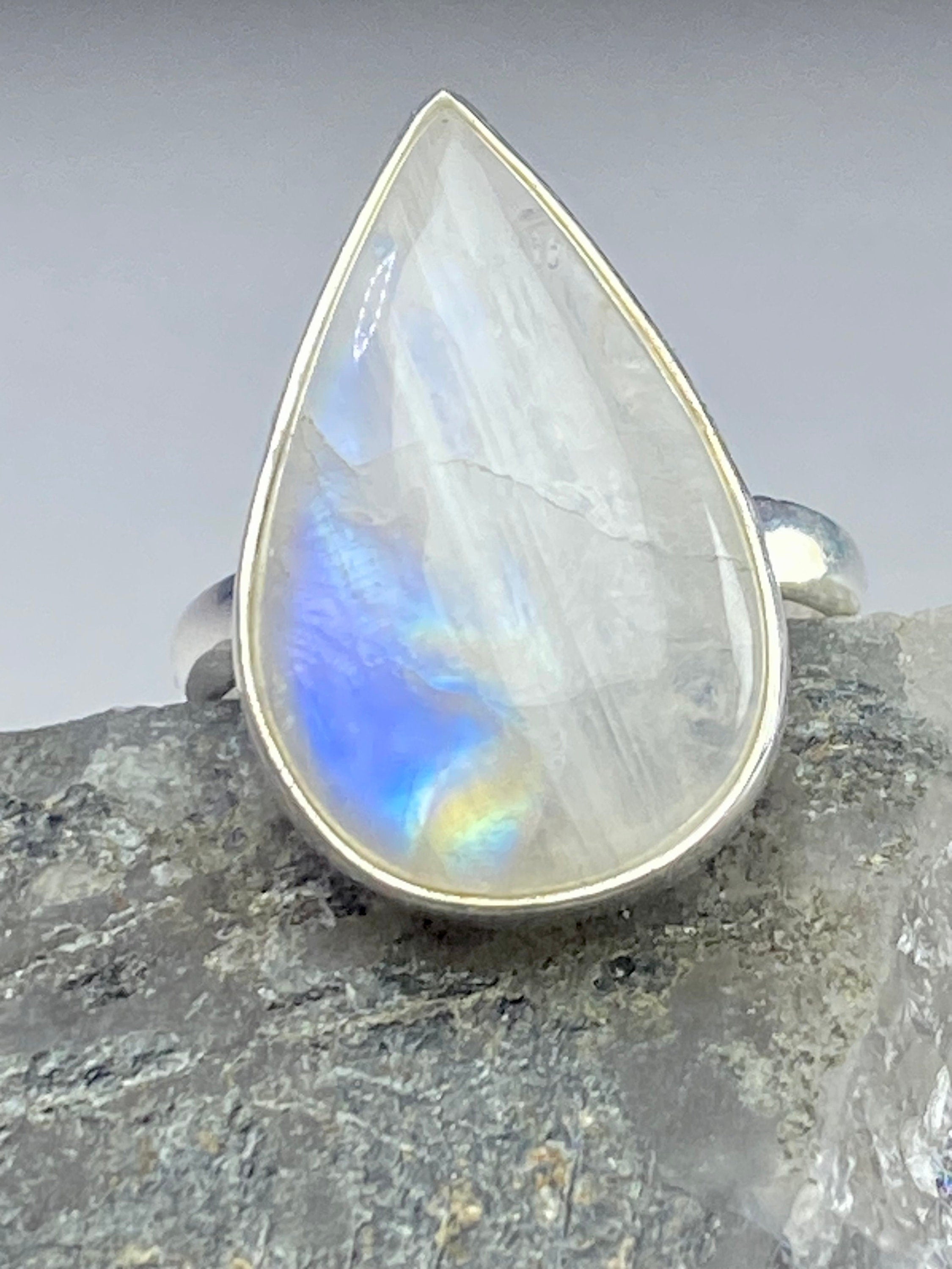 Blue Fire Moonstone and Sterling Silver Ring (M0523)