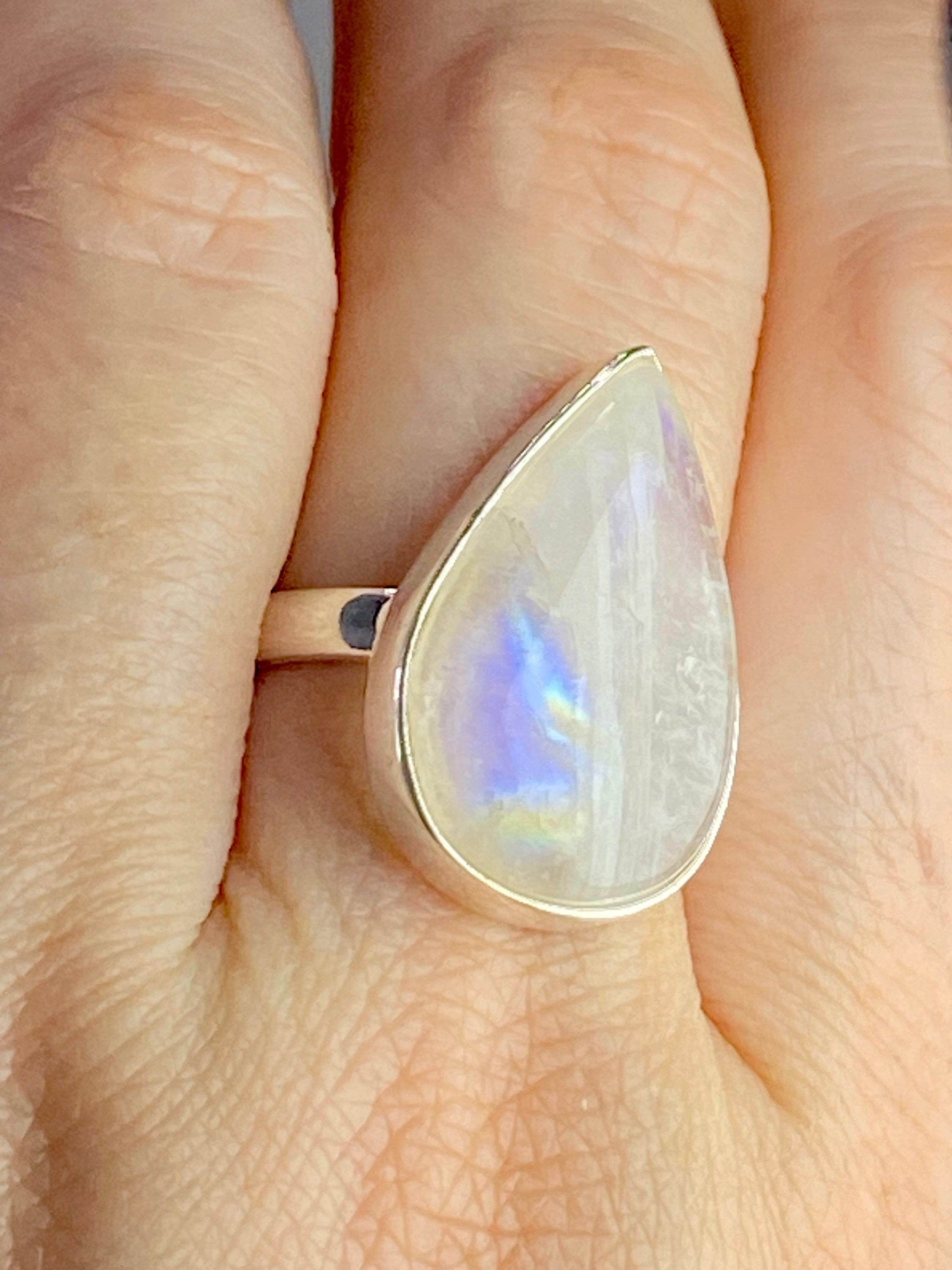 Blue Fire Moonstone and Sterling Silver Ring (M0523)