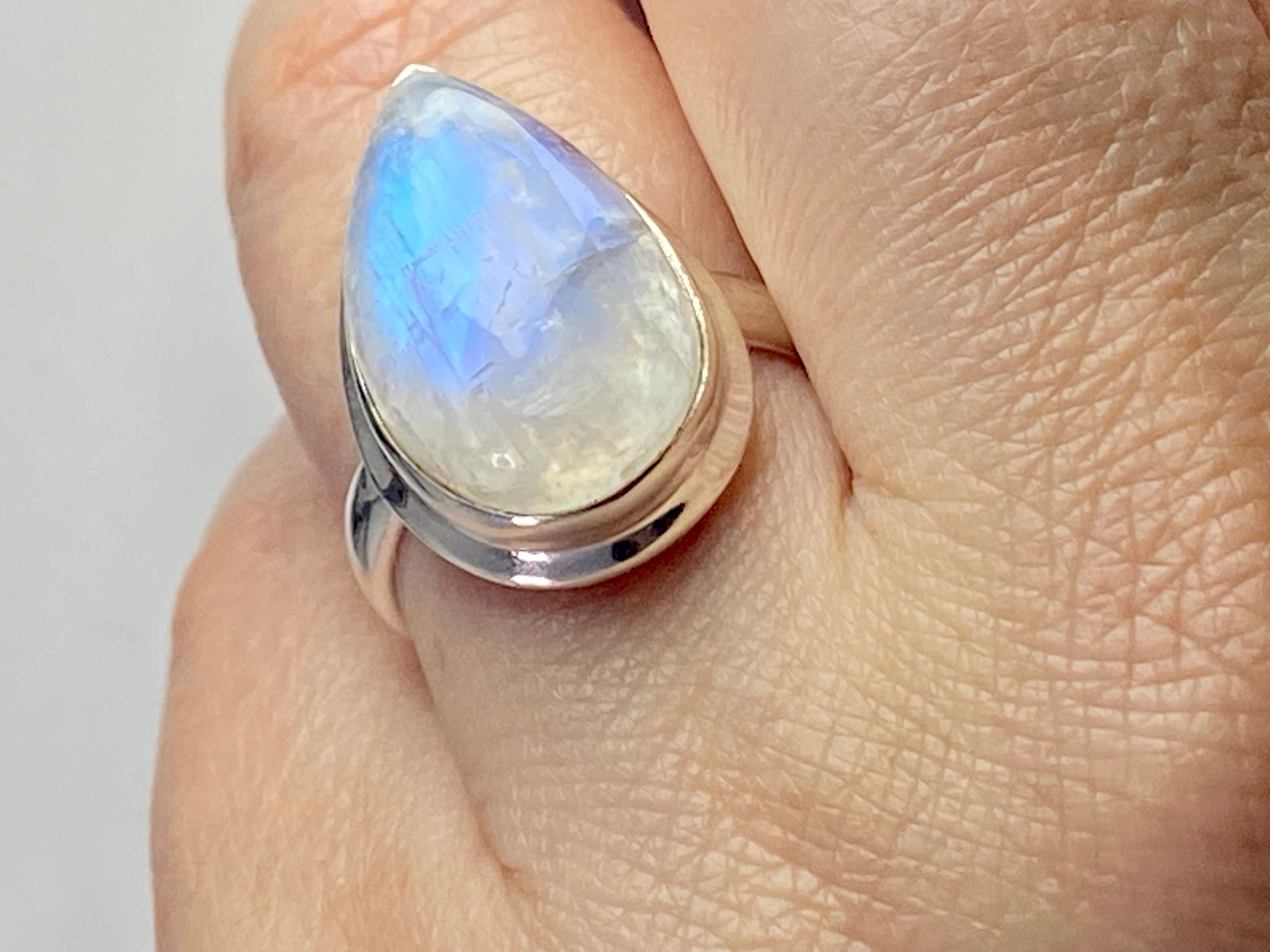 Blue Fire Moonstone and Sterling Silver Ring (M0523)