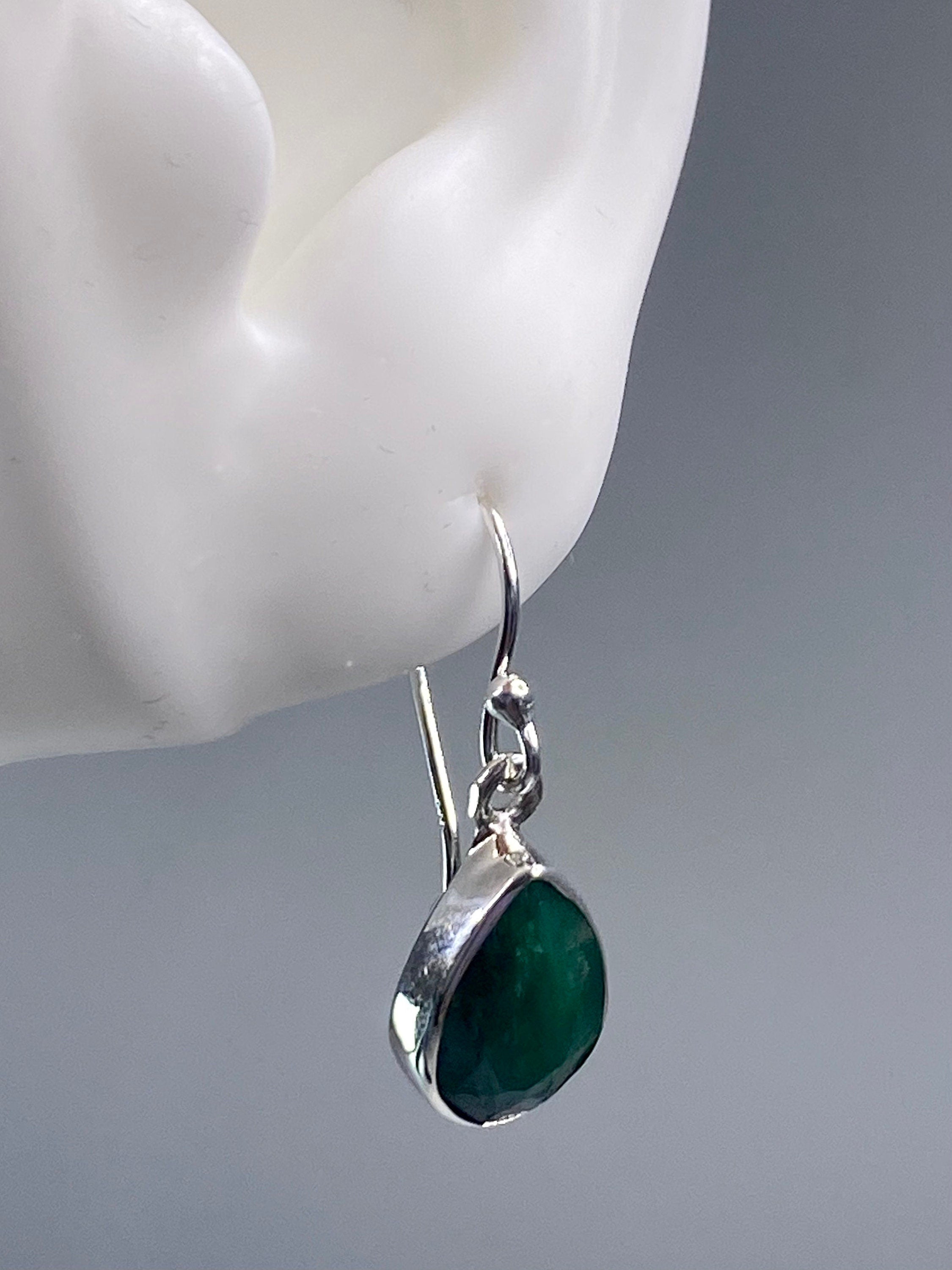 Raw Emerald Dangle Earrings, Teardrop 12mm x 8mm, Sterling Silver, Handmade UK