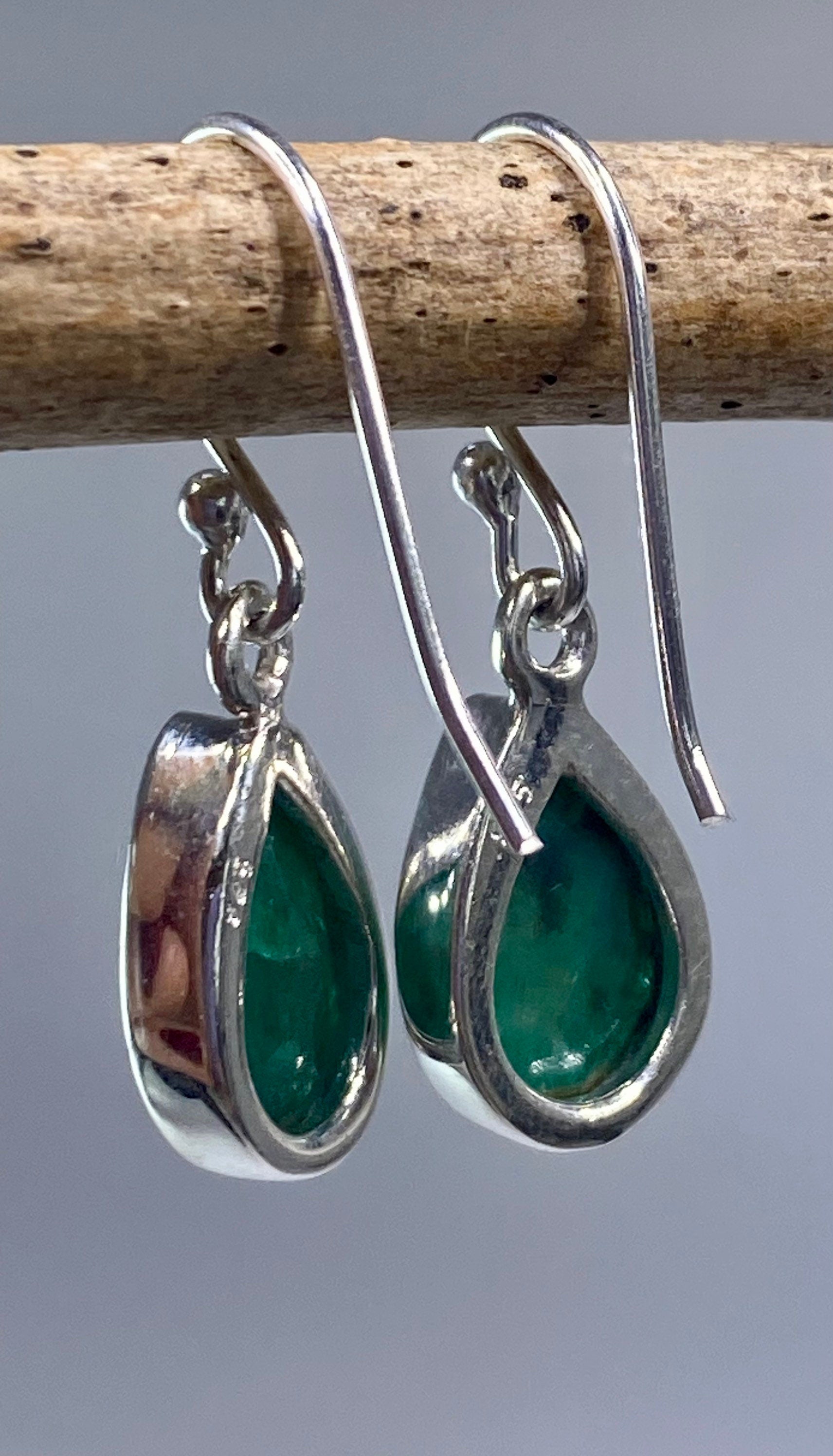 Raw Emerald Dangle Earrings, Teardrop 12mm x 8mm, Sterling Silver, Handmade UK