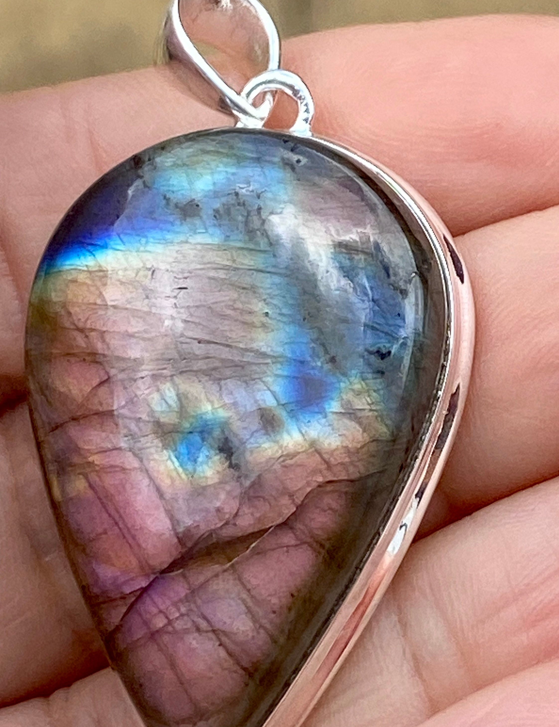 Grade A - Rare Pink Labradorite and Silver Pendant (UV4444)