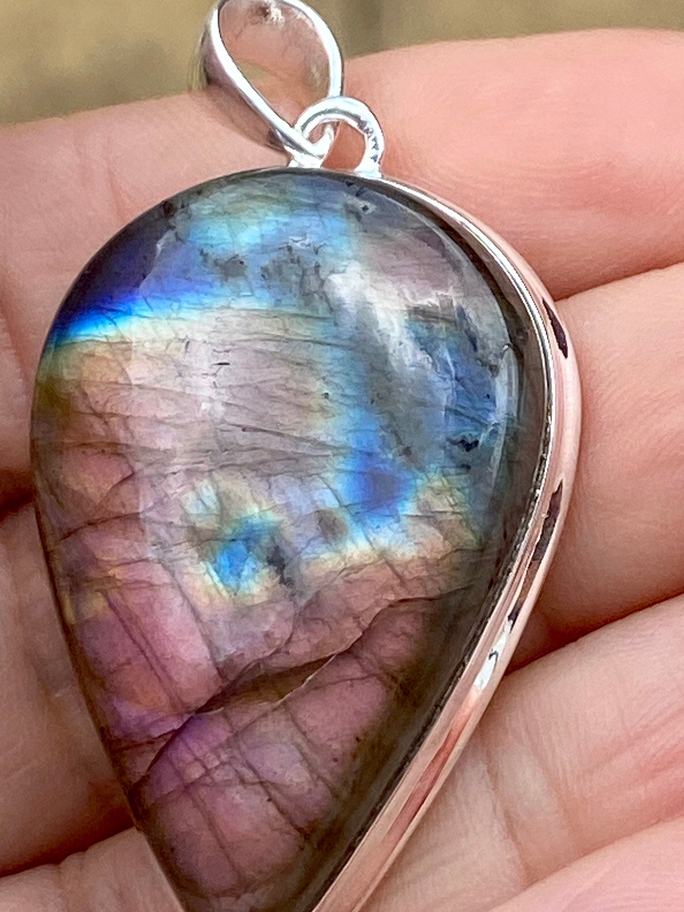 Grade A - Rare Pink Labradorite and Silver Pendant (UV4444)