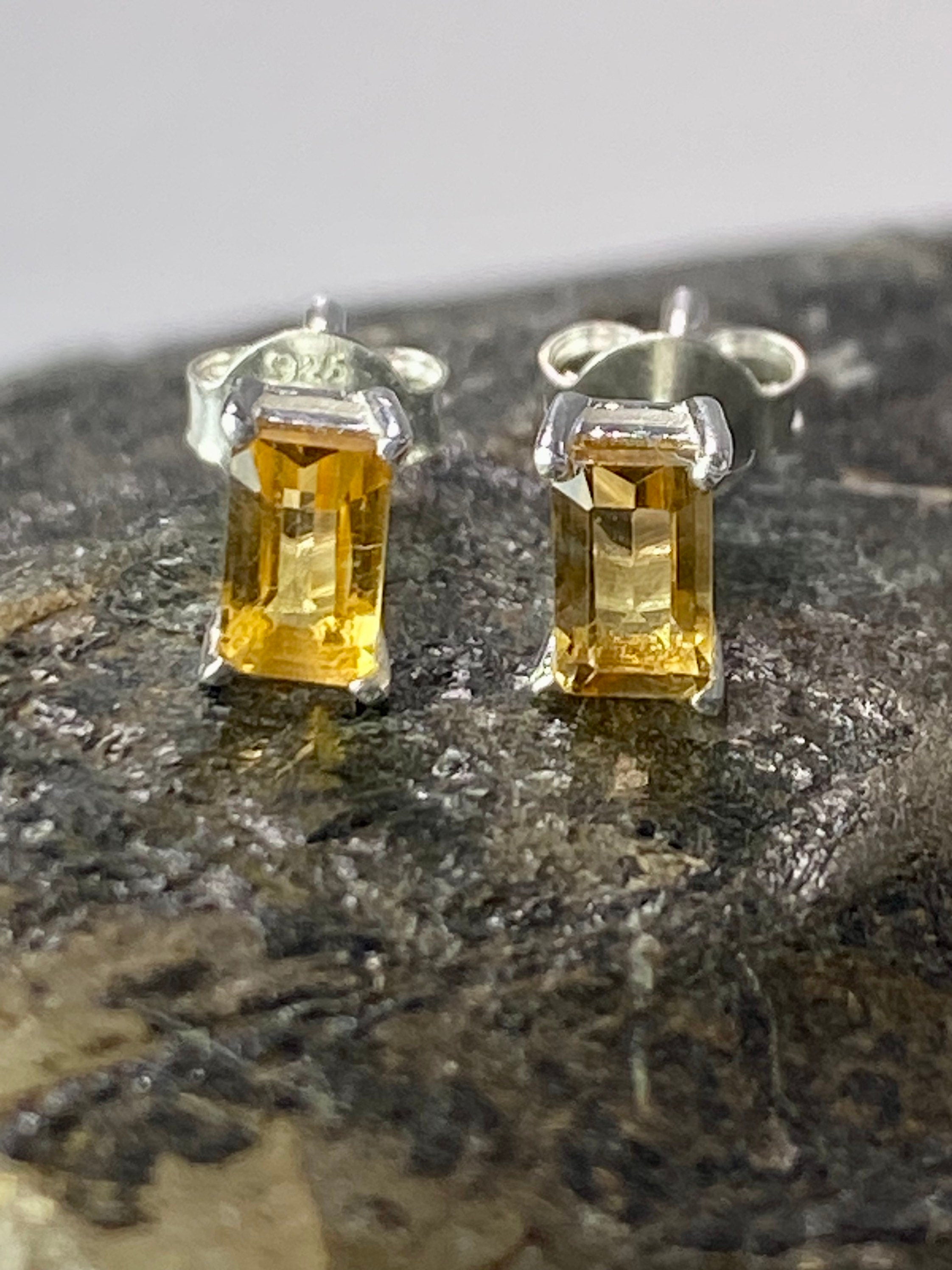 Baguette-cut Citrine and Sterling Silver Studs UV