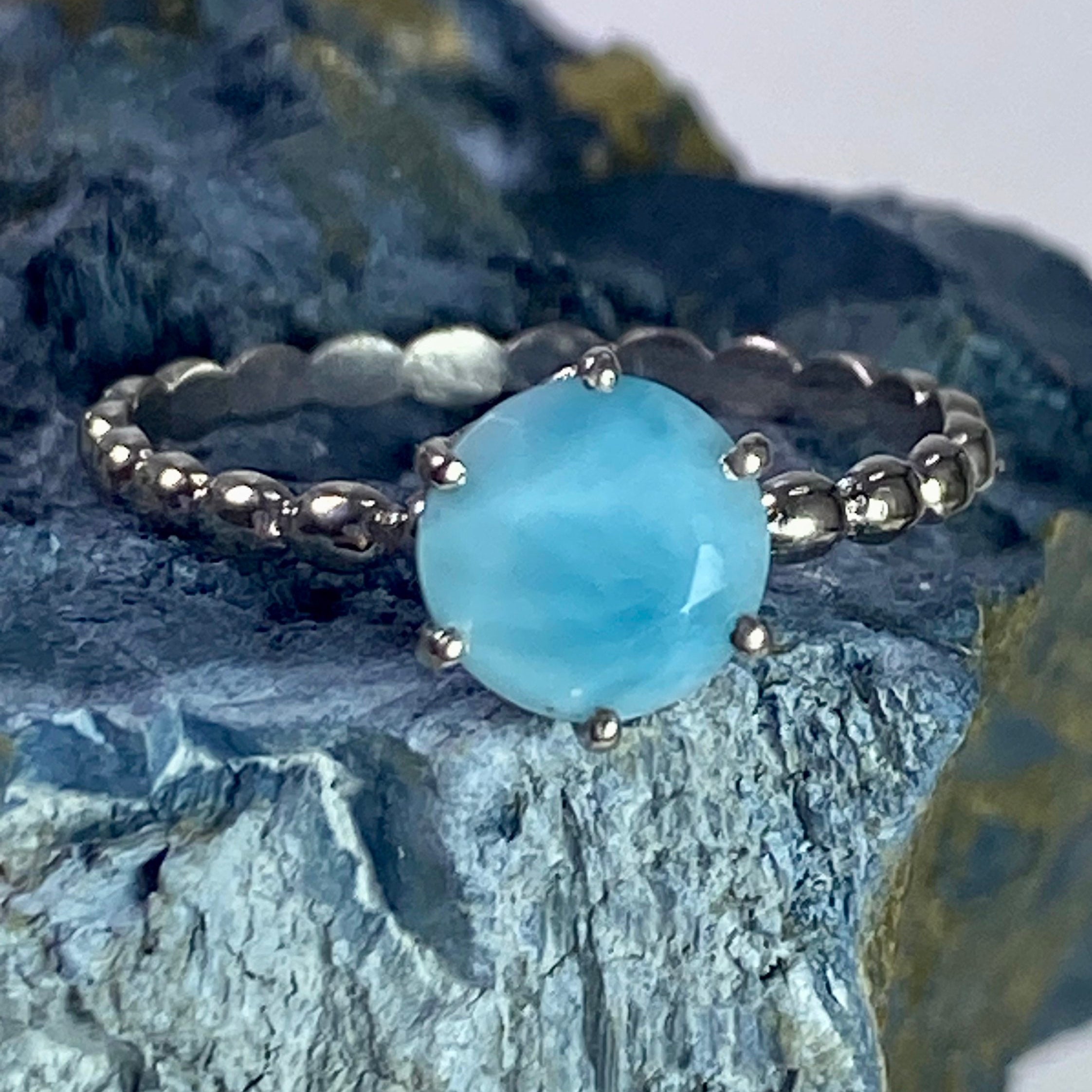 Crown Setting Larimar and 925 Silver Ring