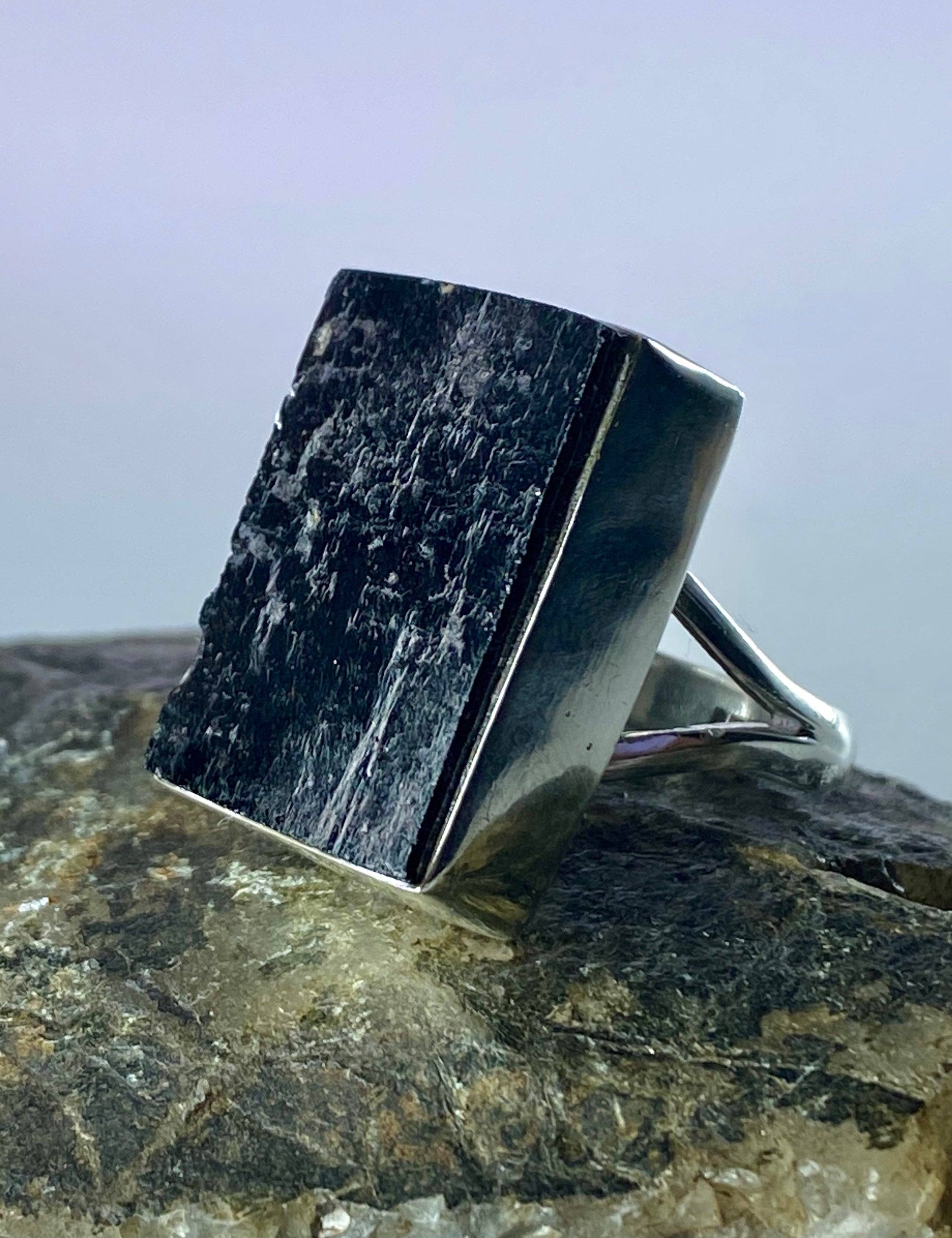 Natural Black Tourmaline and Silver Ring (F)