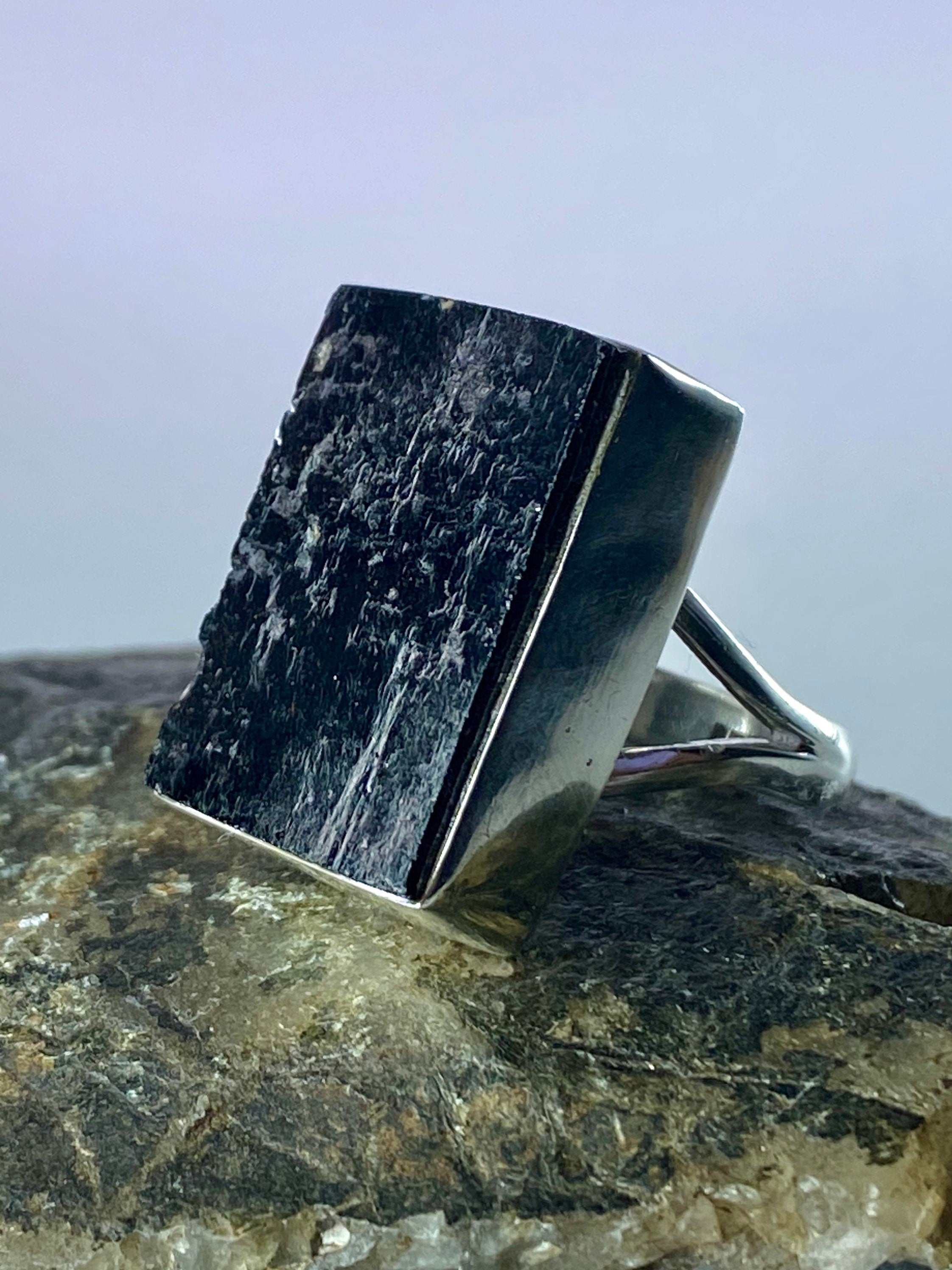 Natural Black Tourmaline and Silver Ring (F)