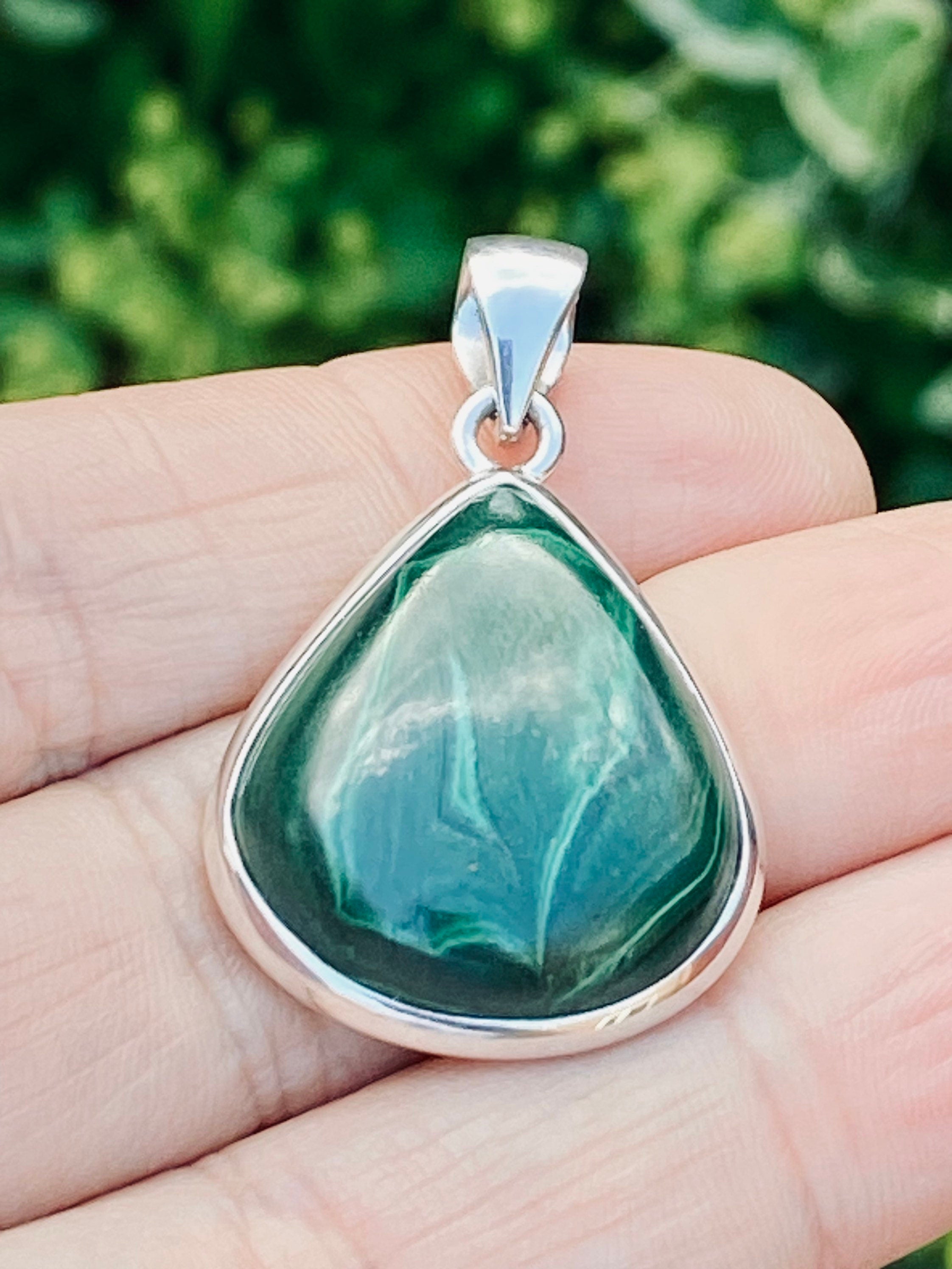 Natural Malachite and Silver Pendant Including the Chain (M0523)