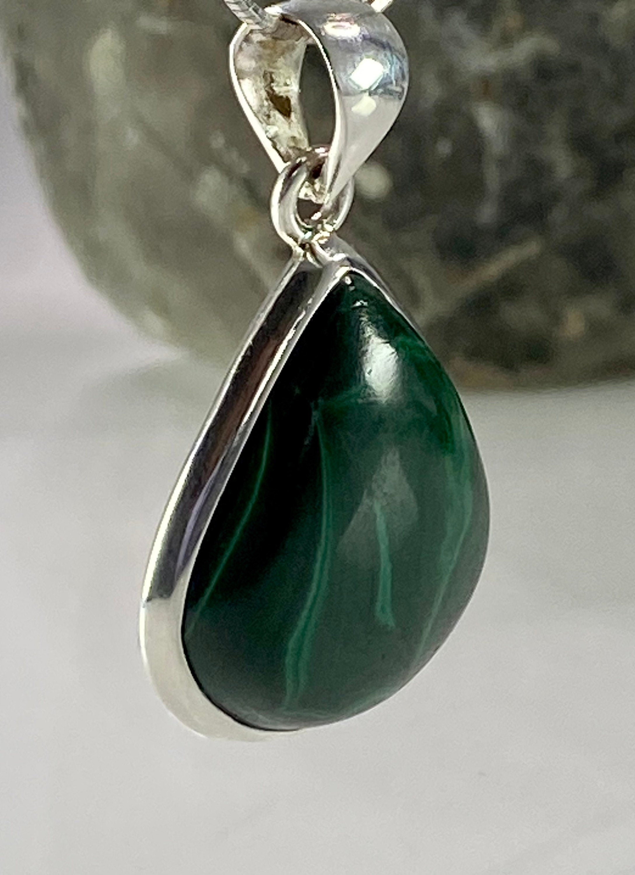 Natural Malachite and Silver Pendant Including the Chain (M0523)