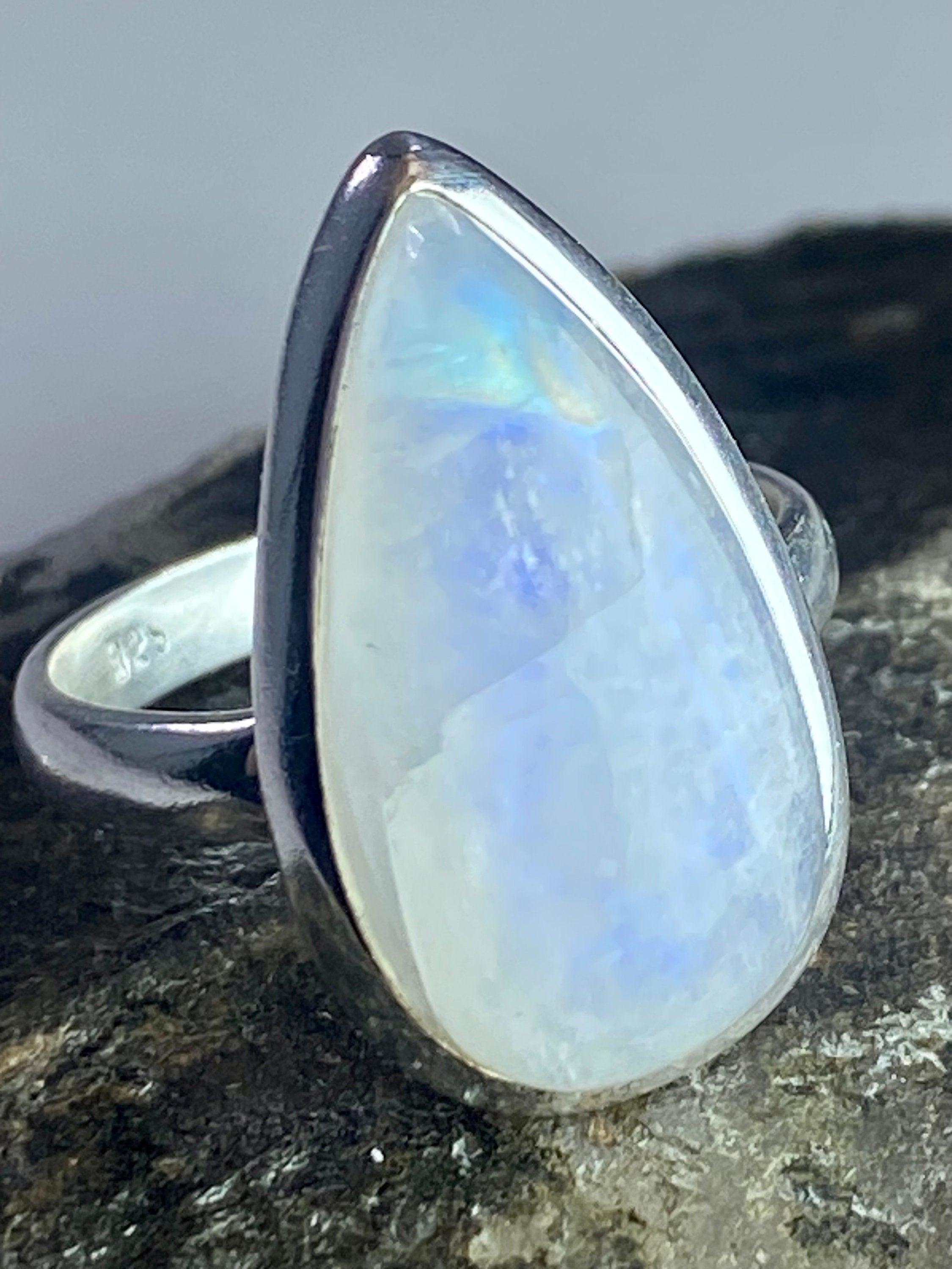 Blue Fire Moonstone and Sterling Silver Ring (M0523)