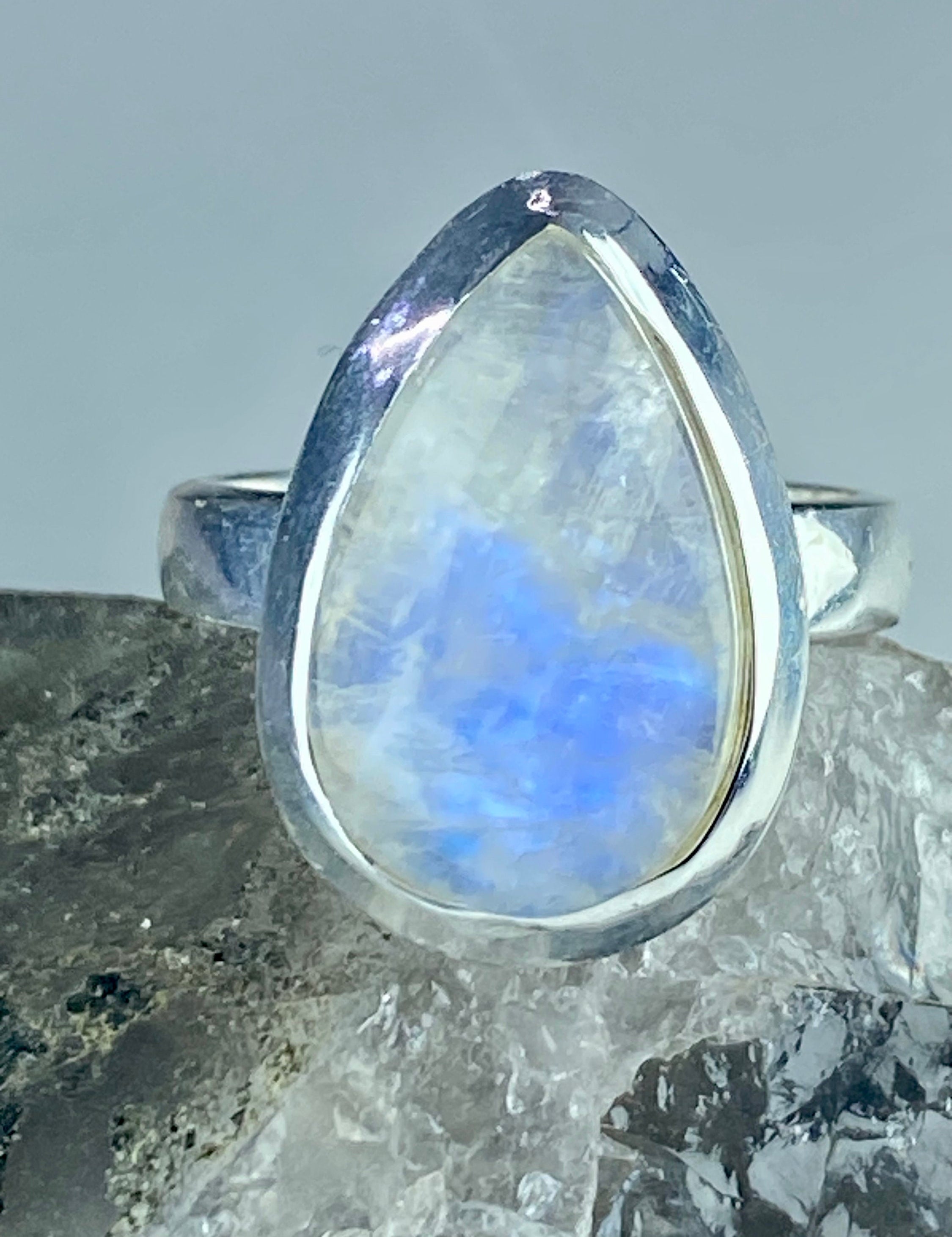 Blue Fire Moonstone and Sterling Silver Ring (M0523)