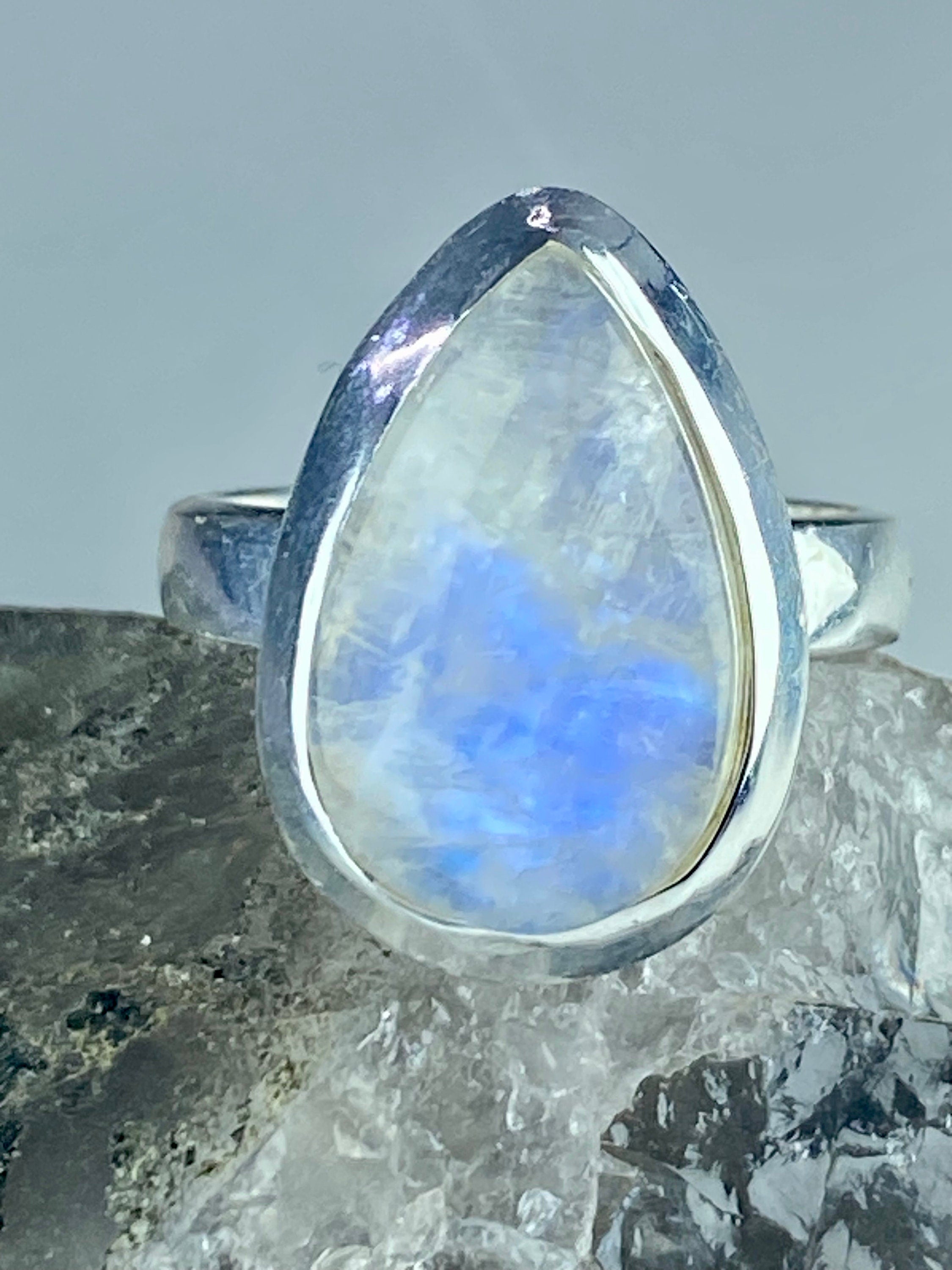 Blue Fire Moonstone and Sterling Silver Ring (M0523)