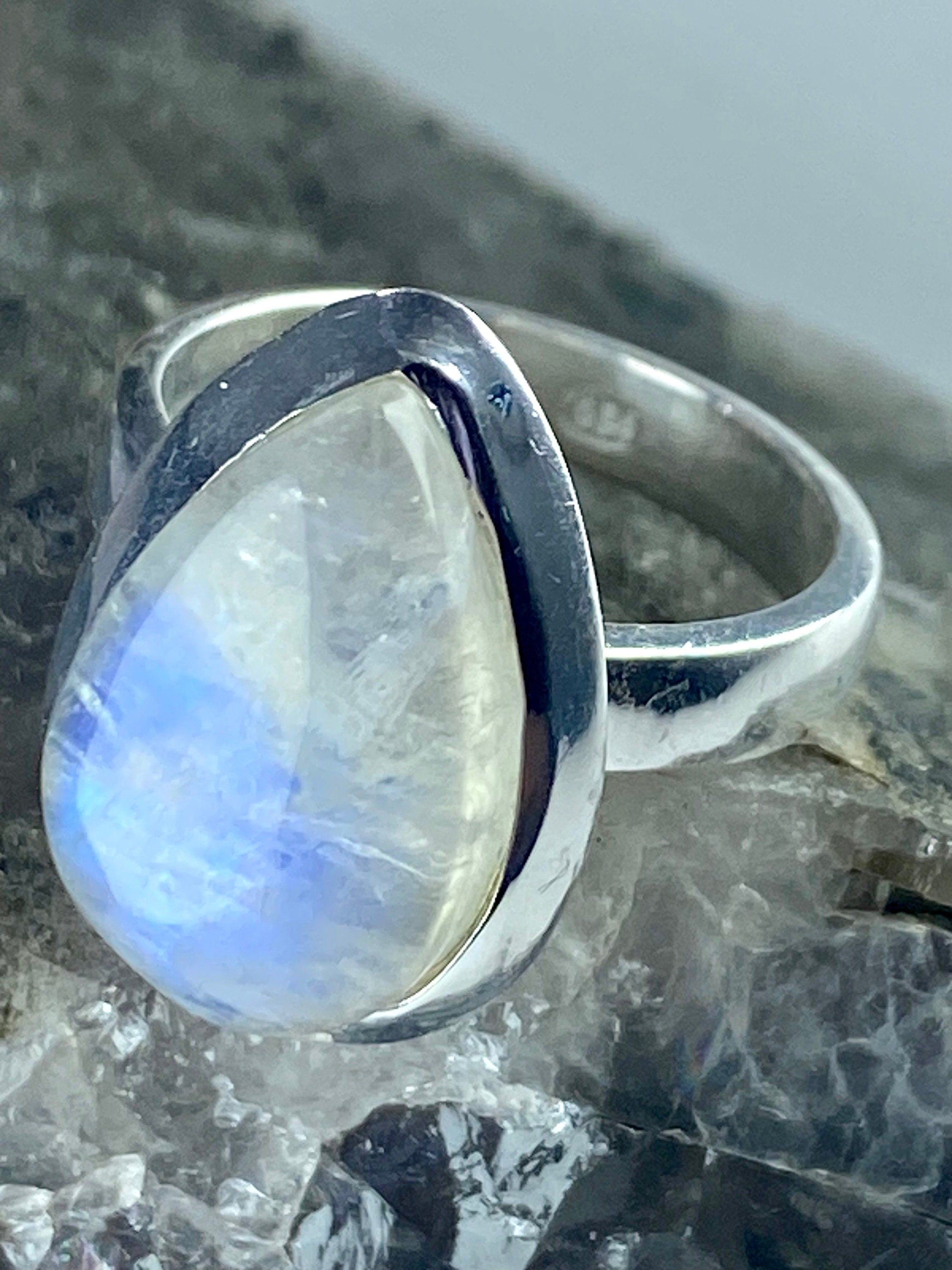 Blue Fire Moonstone and Sterling Silver Ring (M0523)