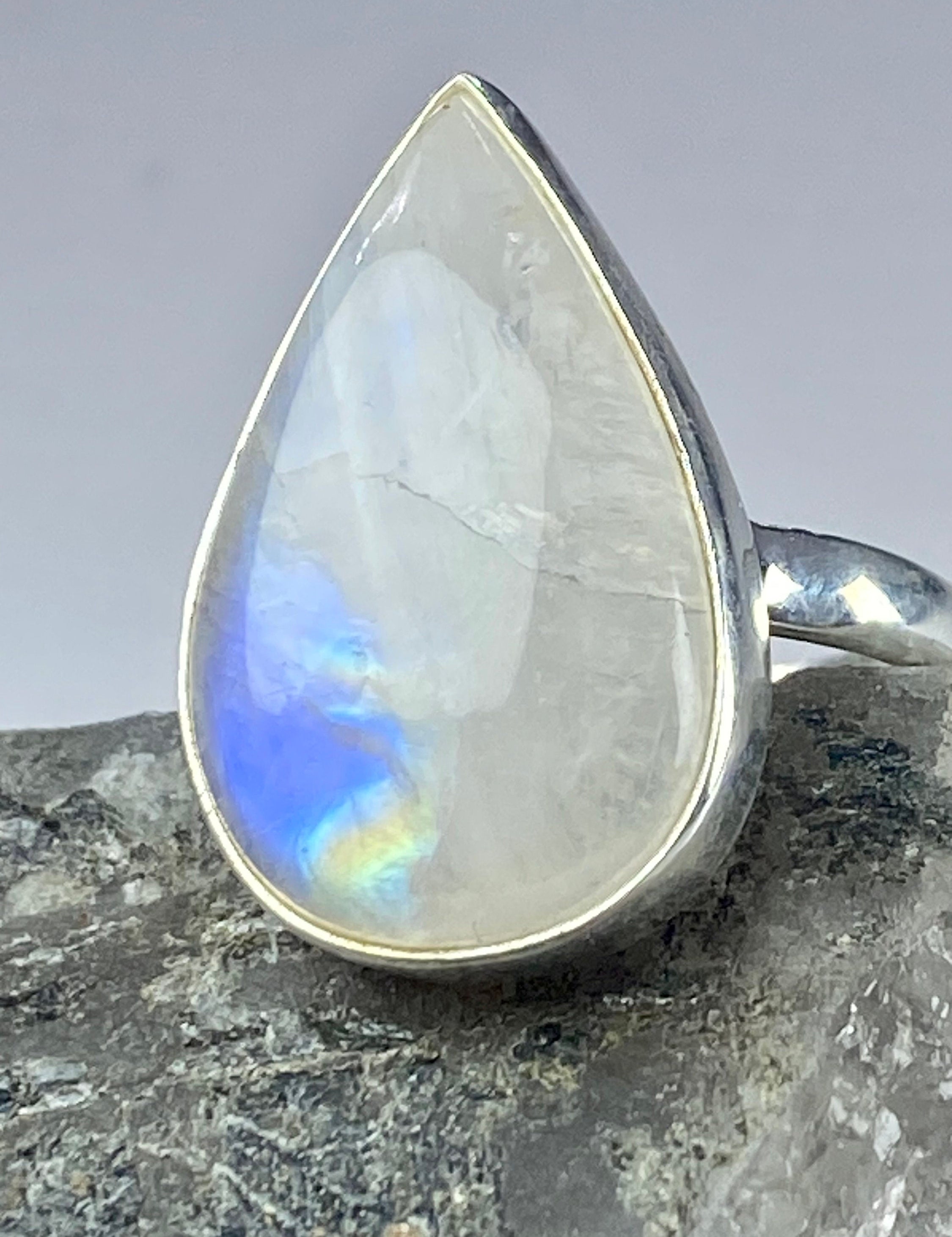 Blue Fire Moonstone and Sterling Silver Ring (M0523)