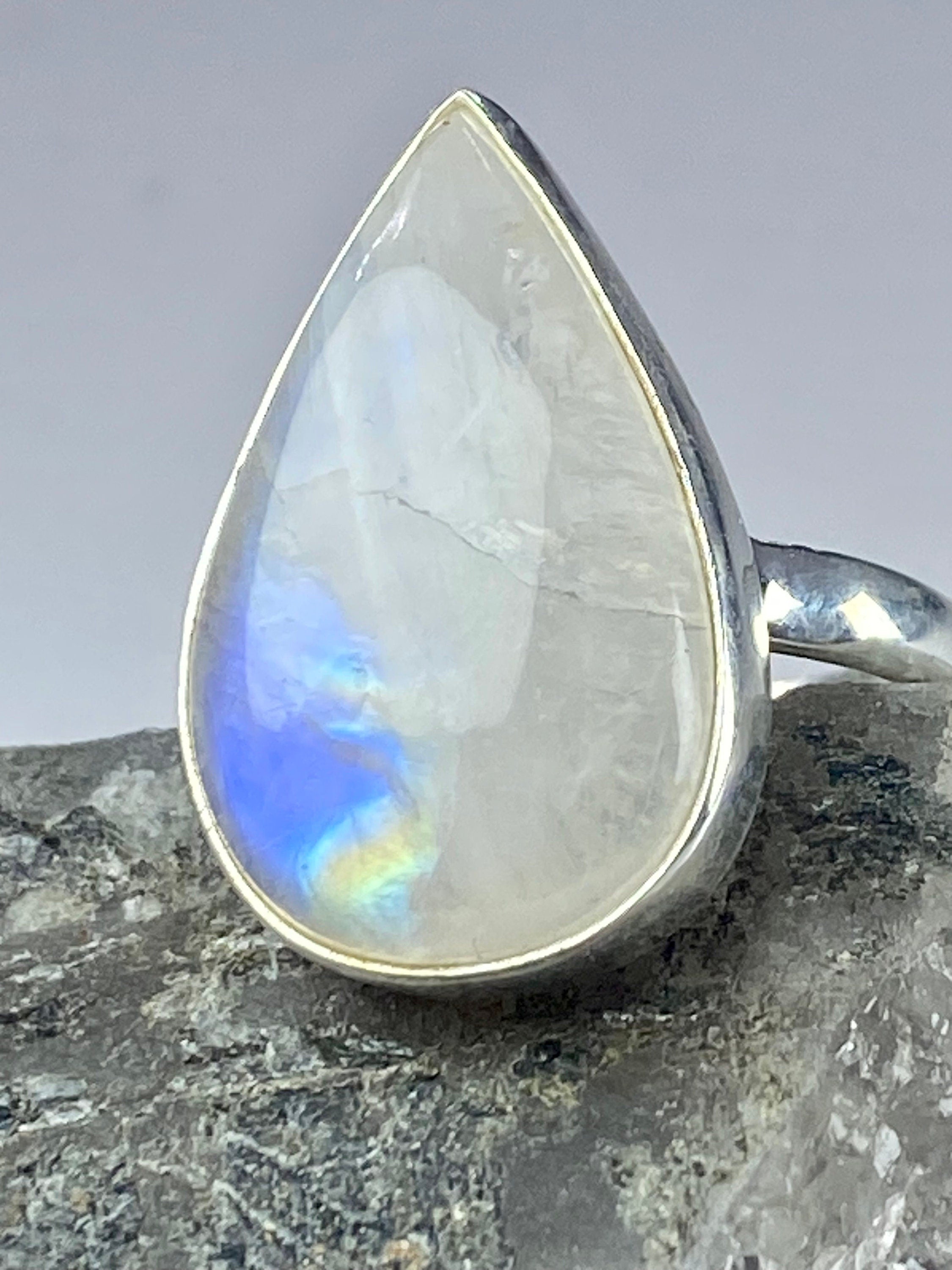 Blue Fire Moonstone and Sterling Silver Ring (M0523)