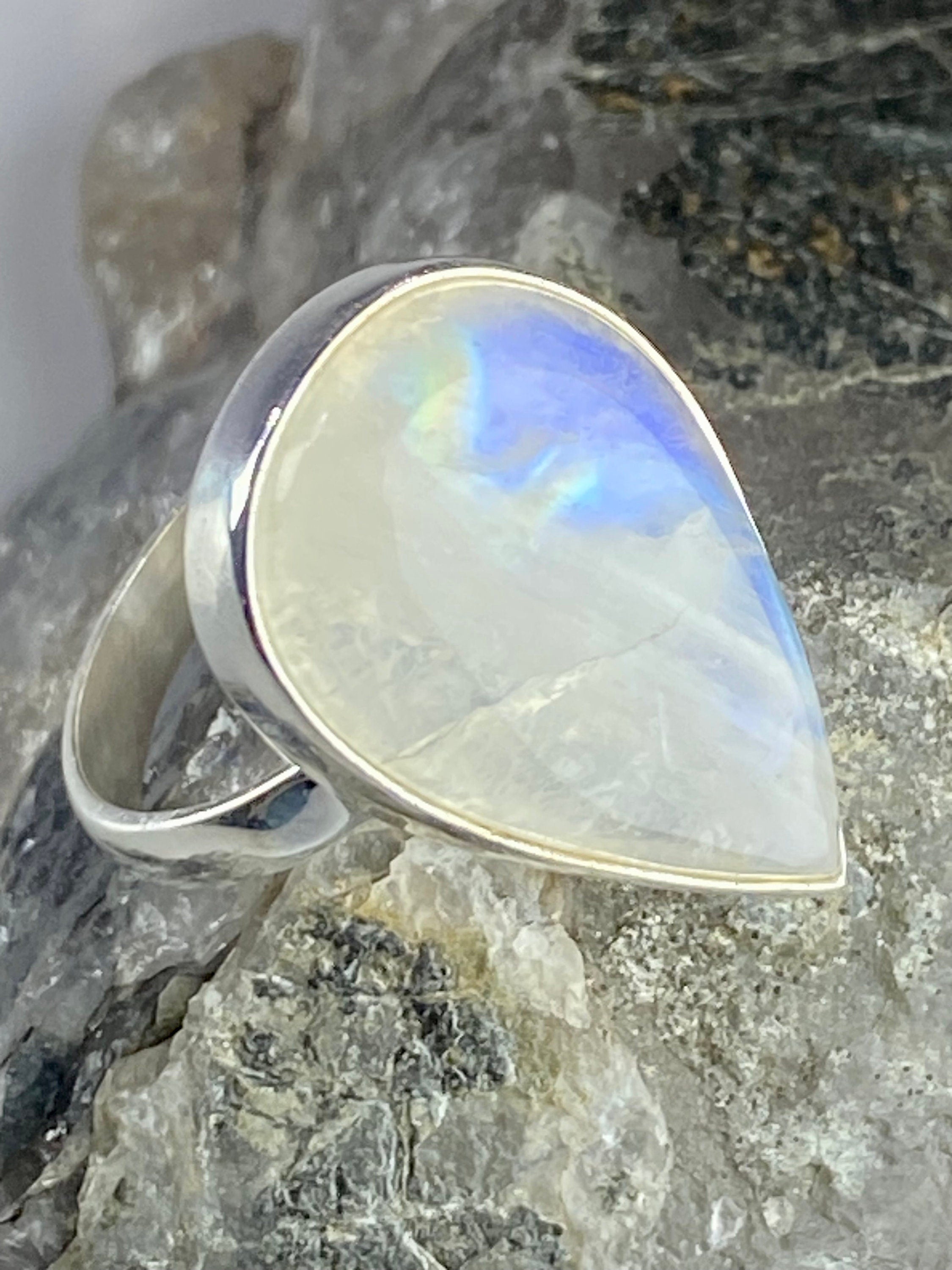 Blue Fire Moonstone and Sterling Silver Ring (M0523)