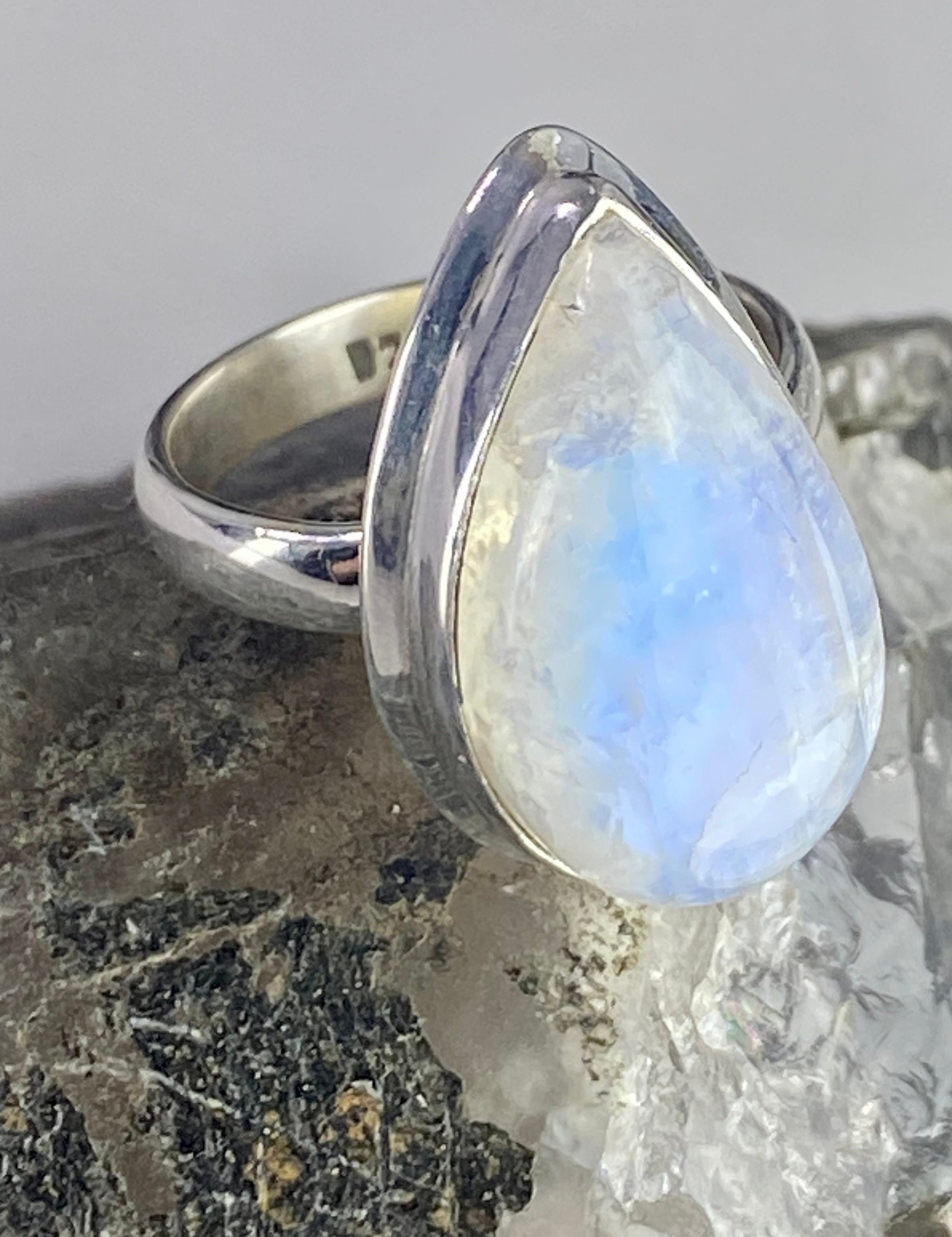 Blue Fire Moonstone and Sterling Silver Ring (M0523)