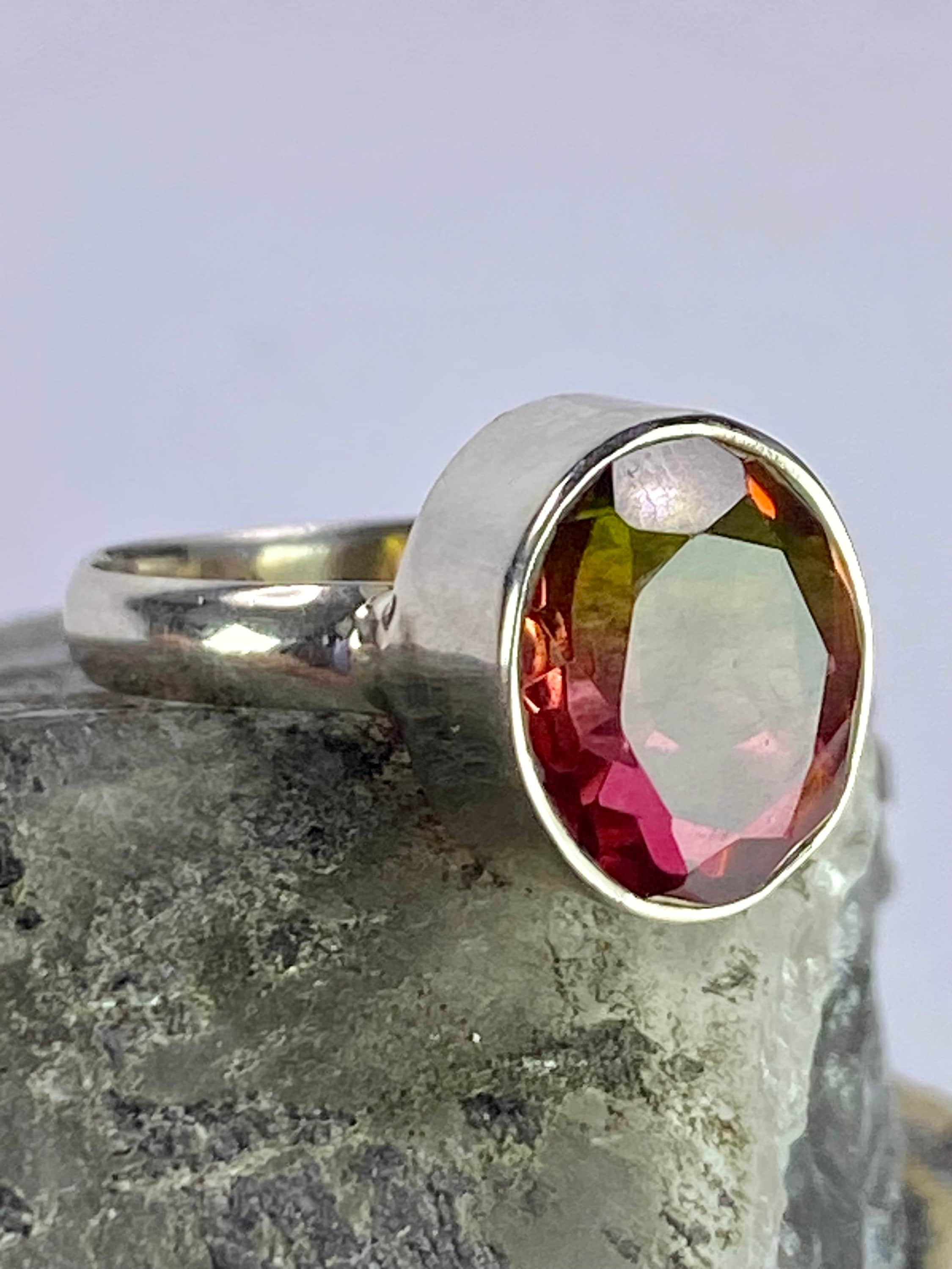 Watermelon Tourmaline Silver Oval Ring