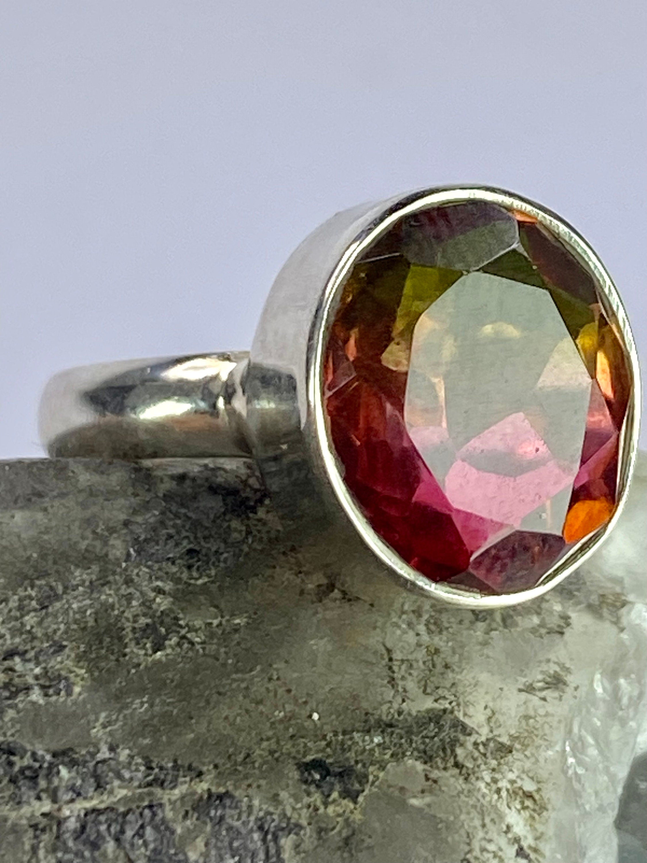 Three Coloured Tourmaline and Sterling Silver Ring