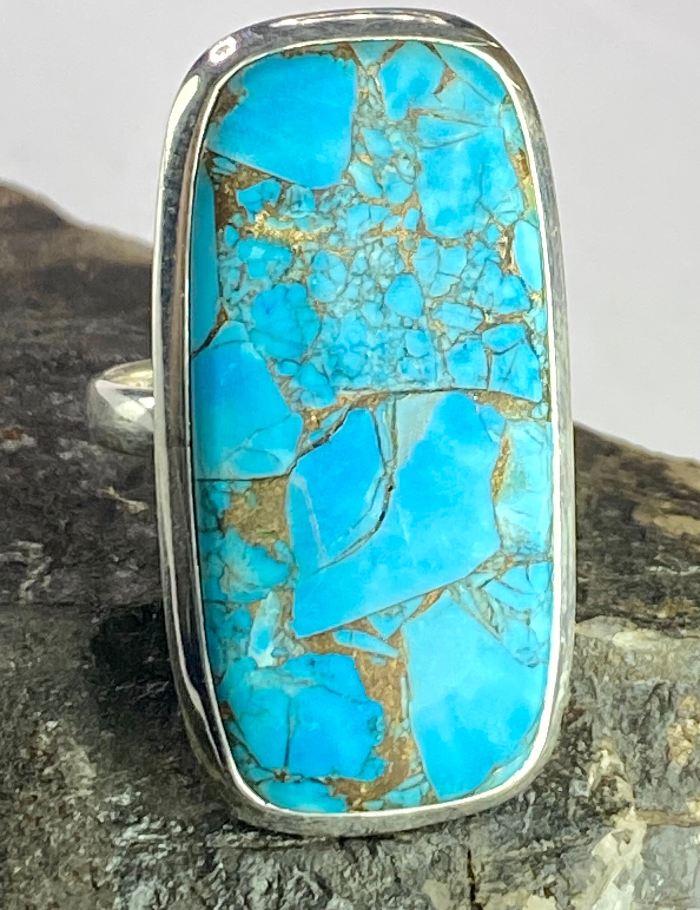 Blue Copper Turquoise and Silver Ring (M09)