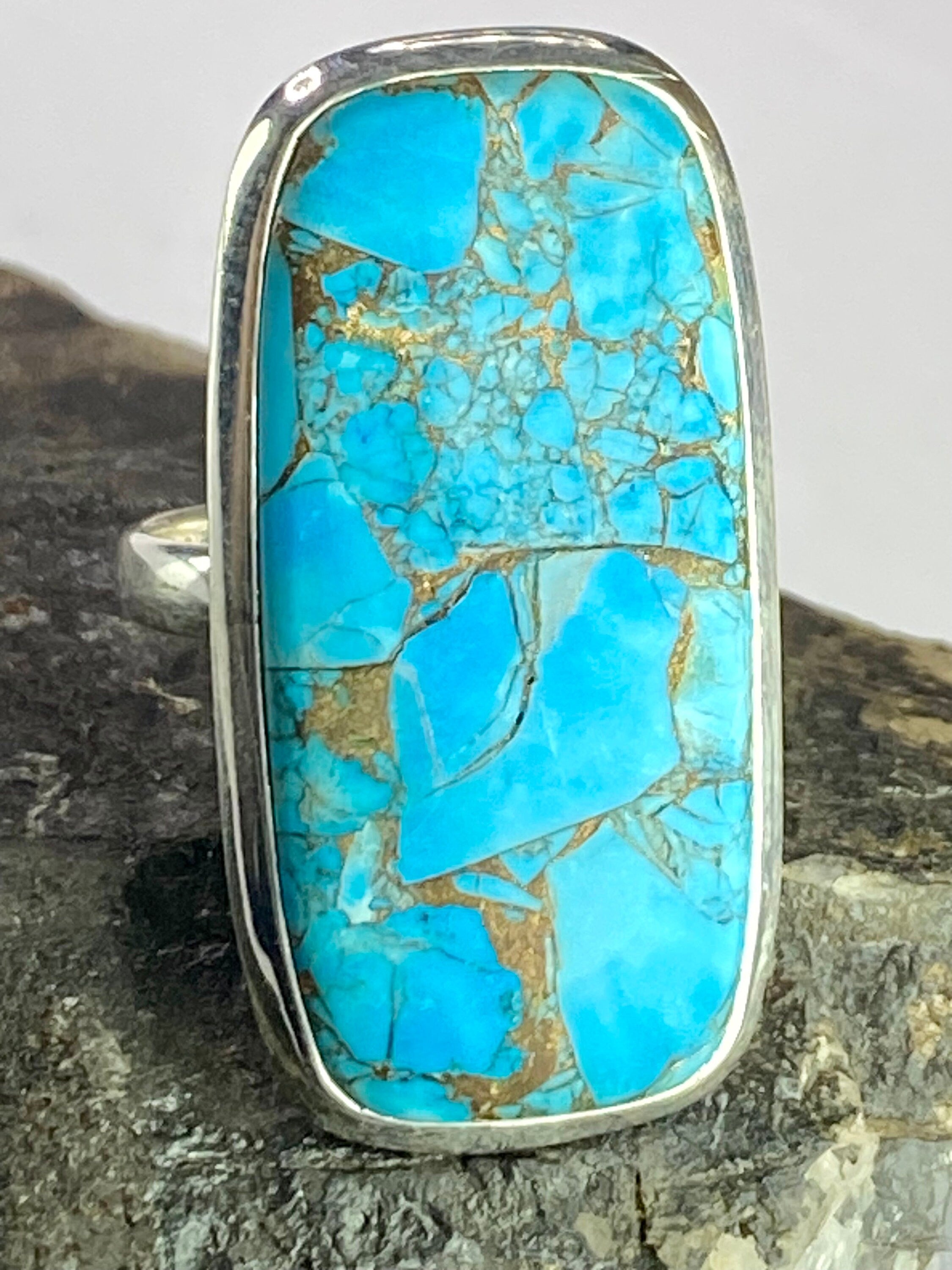 Blue Copper Turquoise and Silver Ring (M09)