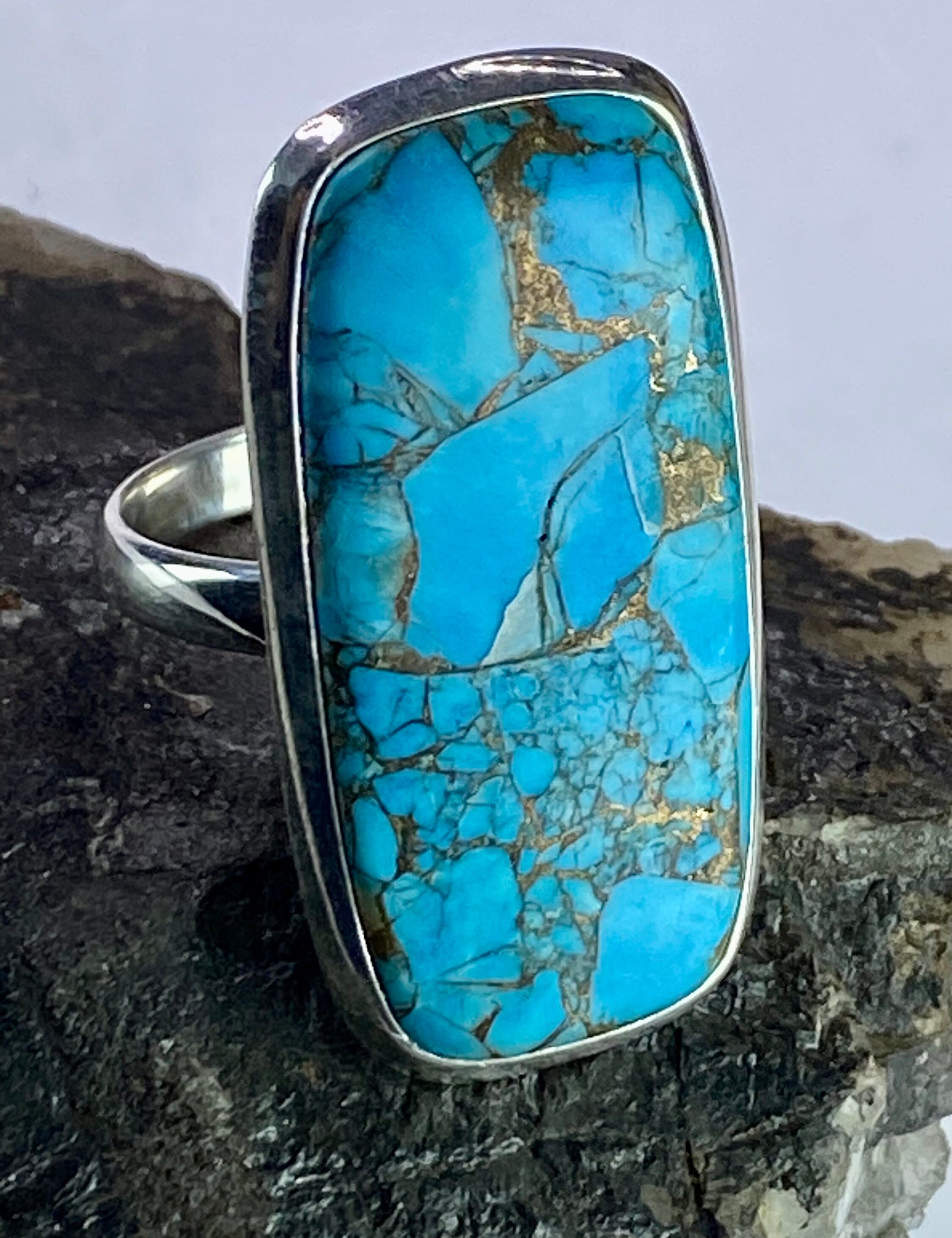 Blue Copper Turquoise and Silver Ring (M09)