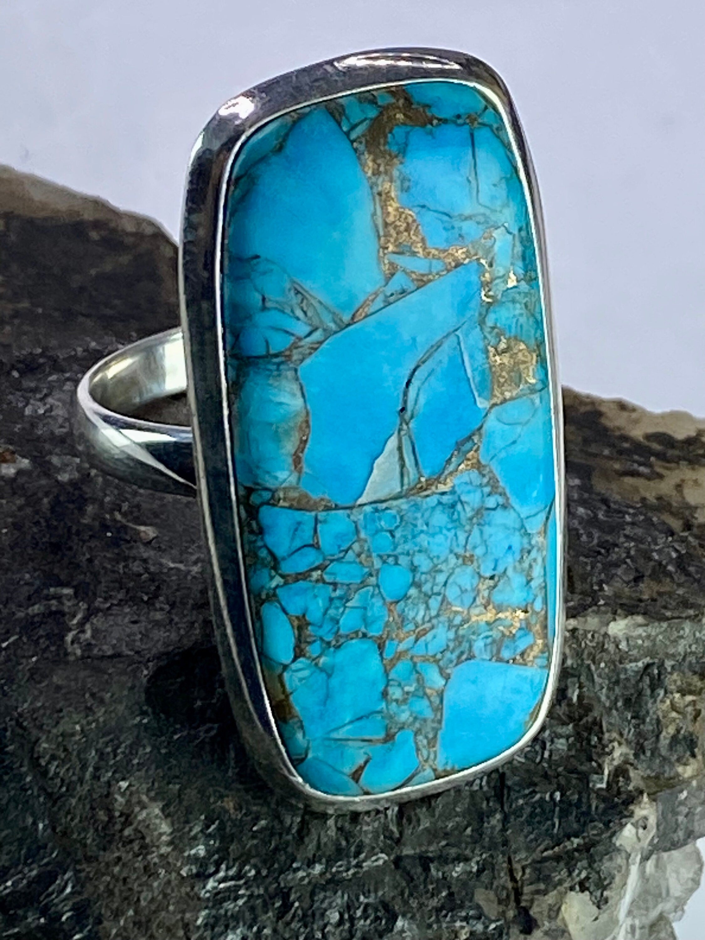 Blue Copper Turquoise and Silver Ring (M09)