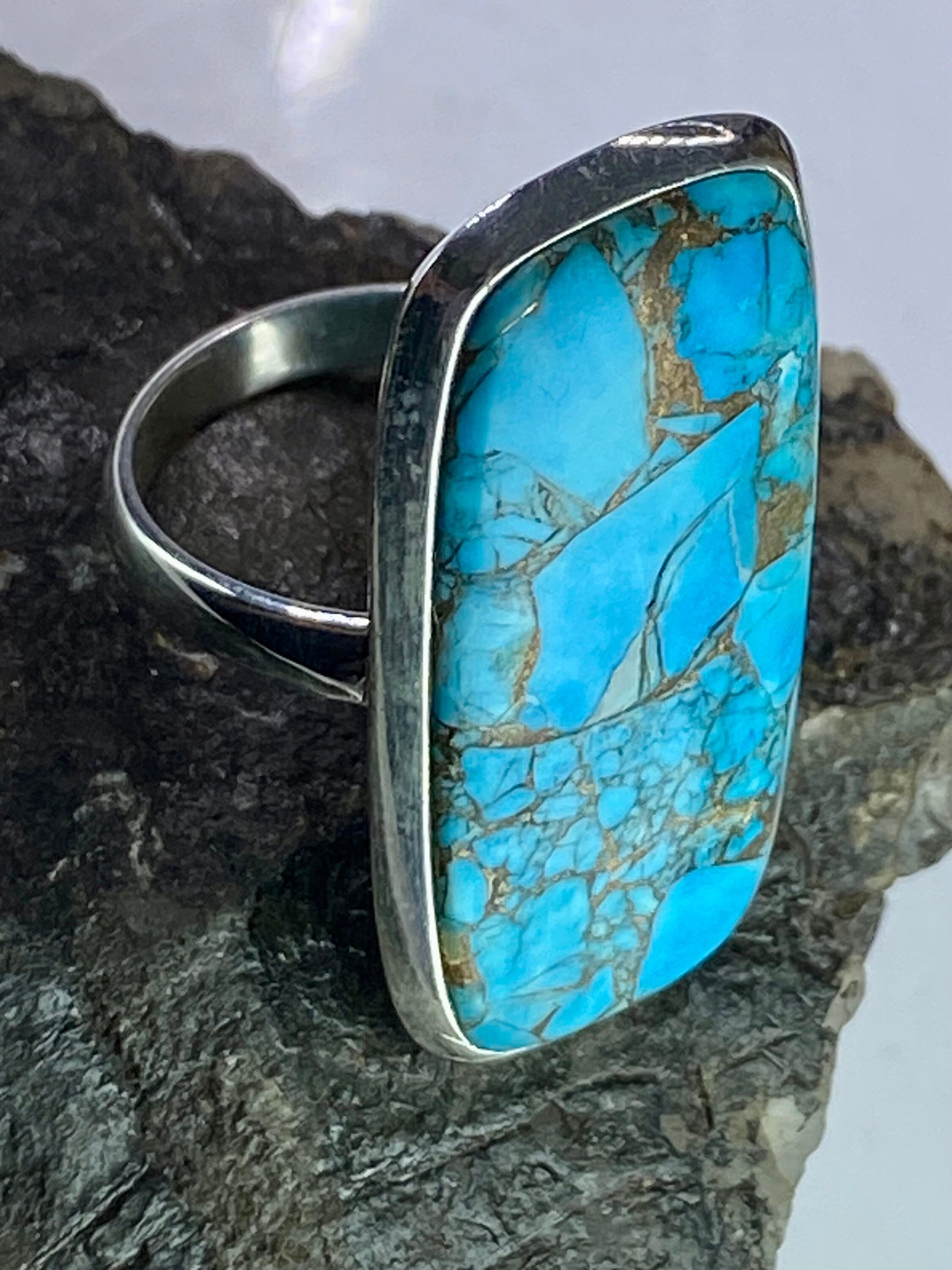 Blue Copper Turquoise and Silver Ring (M09)