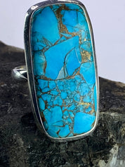 Blue Copper Turquoise and Silver Ring (M09)