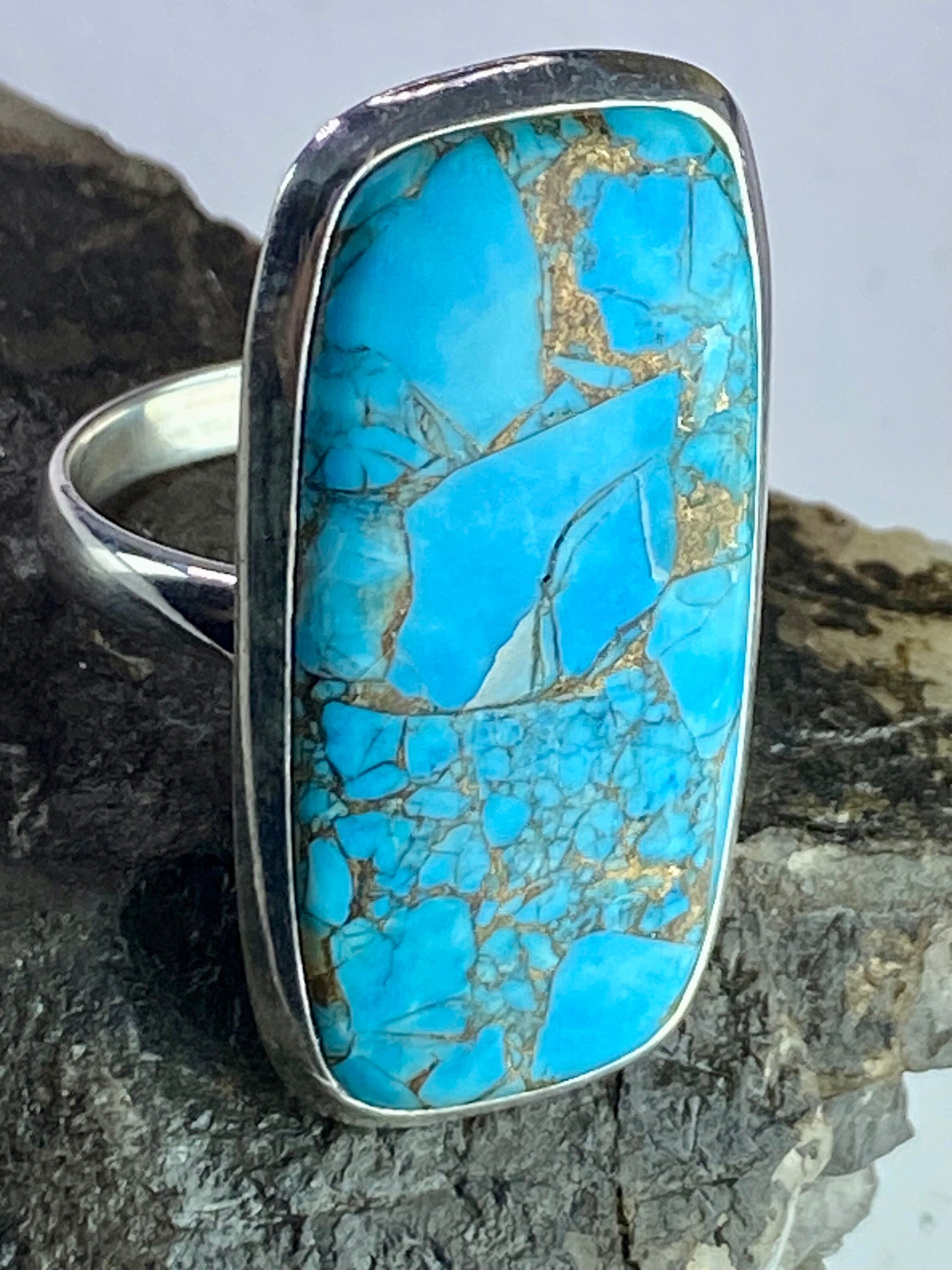 Blue Copper Turquoise and Silver Ring (M09)