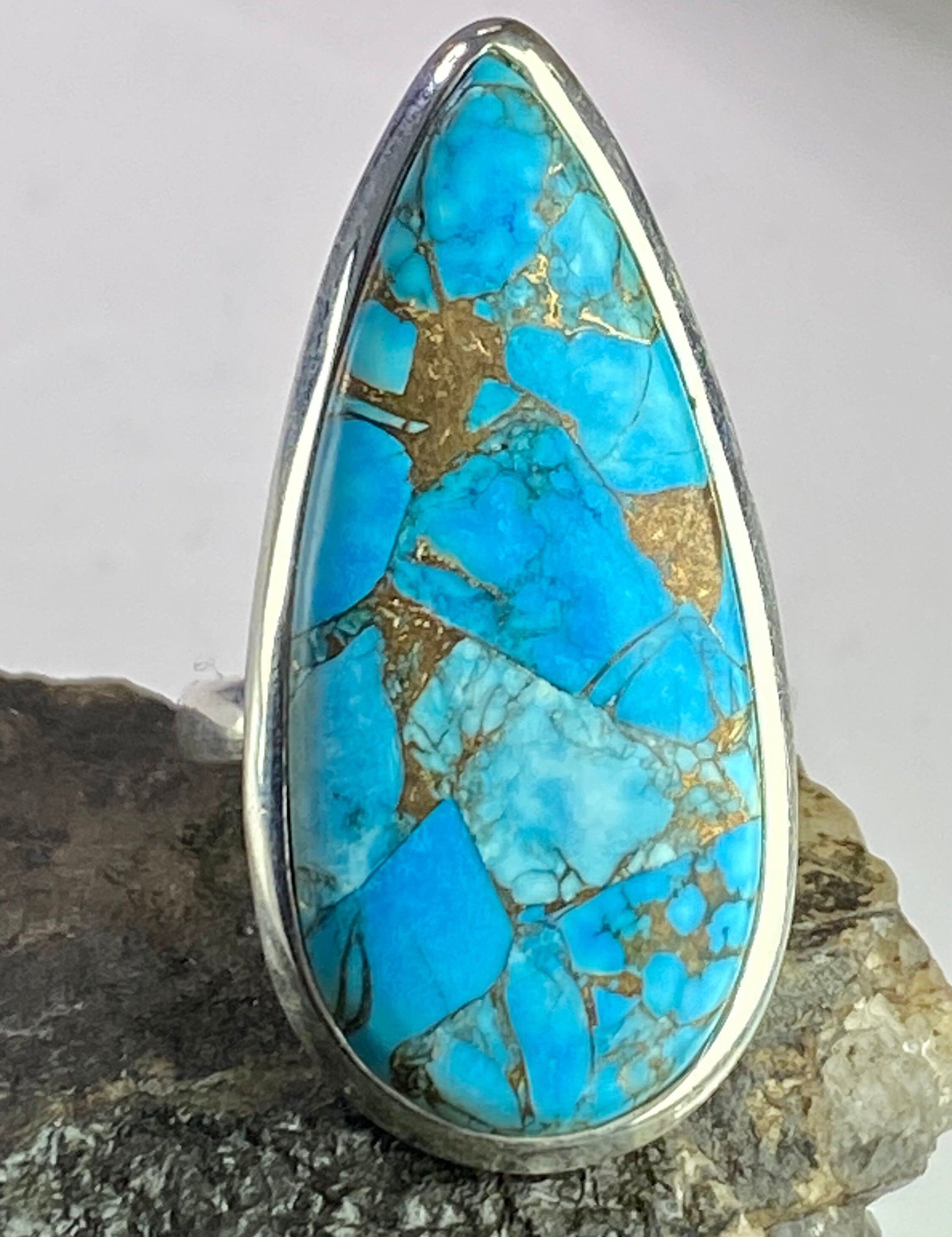 Blue Copper Turquoise and Silver Ring (M09)