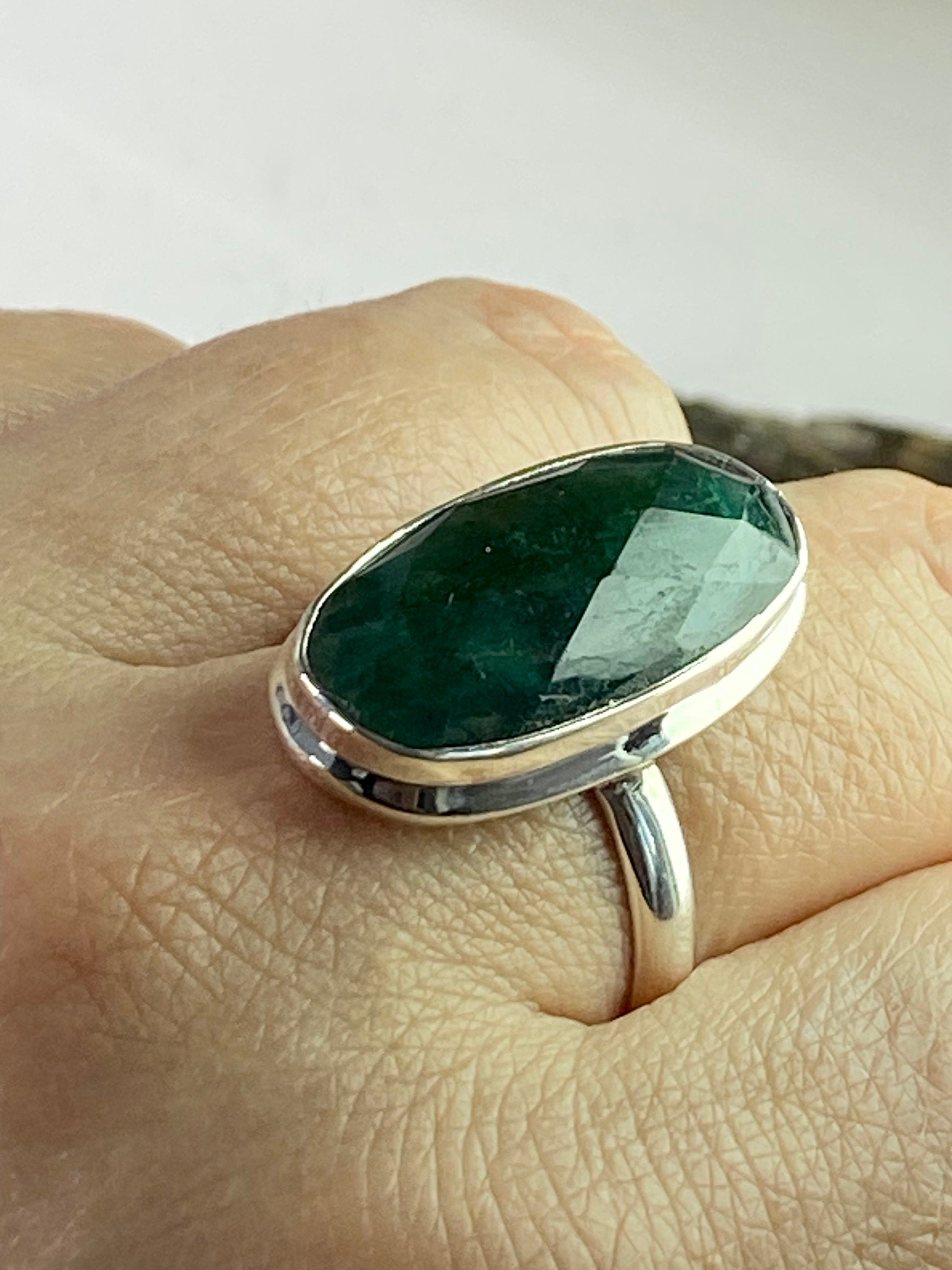 Raw Faceted Emerald and Silver Ring(M09)