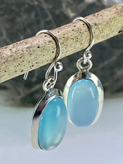Dainty Aquamarine Dangle Earrings, Oval 19mm x 11mm, Sterling Silver, Handmade UK gift