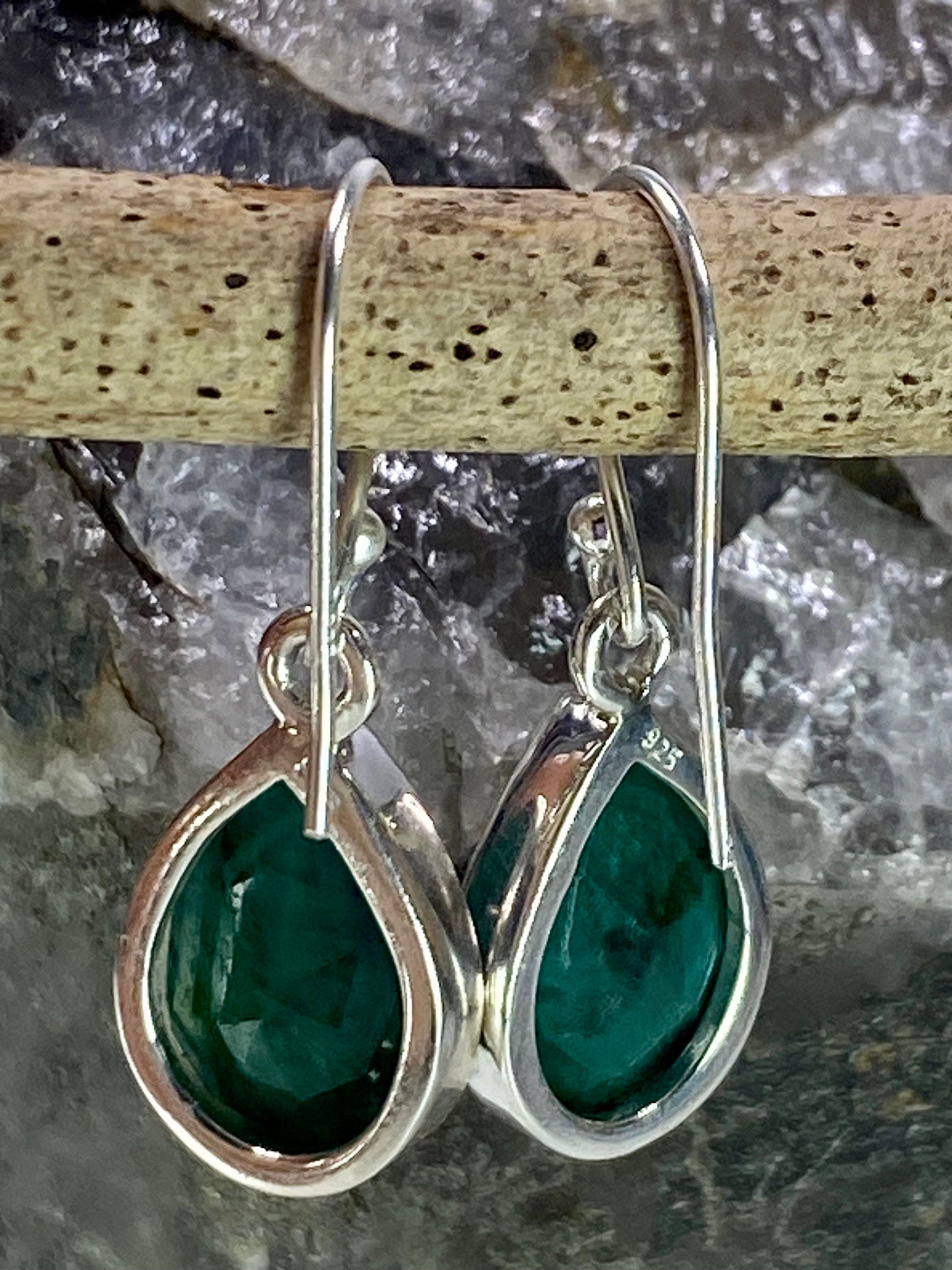 Raw Emerald Dangle Earrings, Teardrop 14mm x 10mm, Sterling Silver, Handmade UK