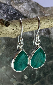 Raw Emerald Dangle Earrings, Teardrop 14mm x 10mm, Sterling Silver, Handmade UK
