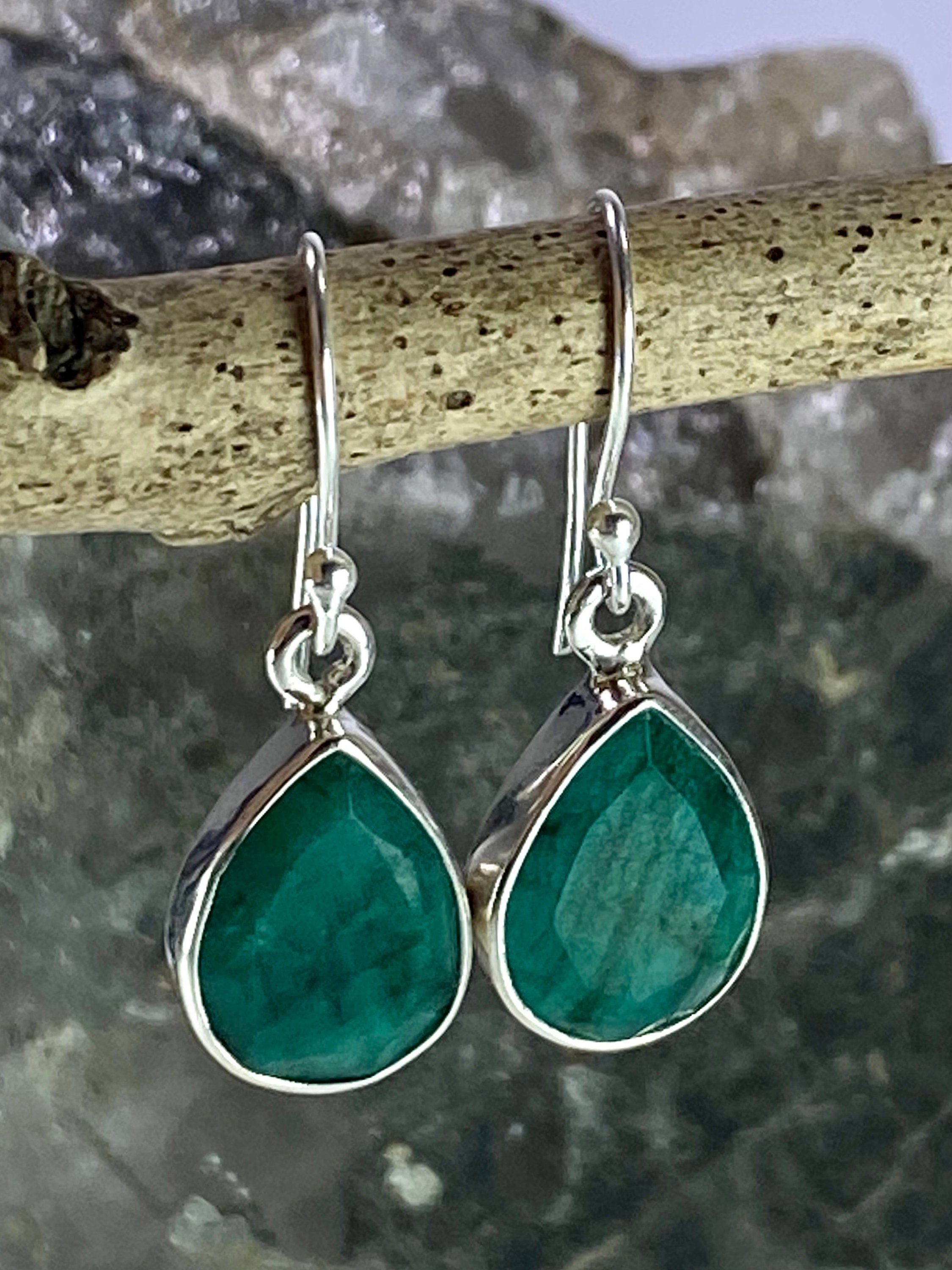 Raw Emerald Dangle Earrings, Teardrop 14mm x 10mm, Sterling Silver, Handmade UK