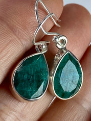 Raw Emerald Dangle Earrings, Teardrop 14mm x 10mm, Sterling Silver, Handmade UK