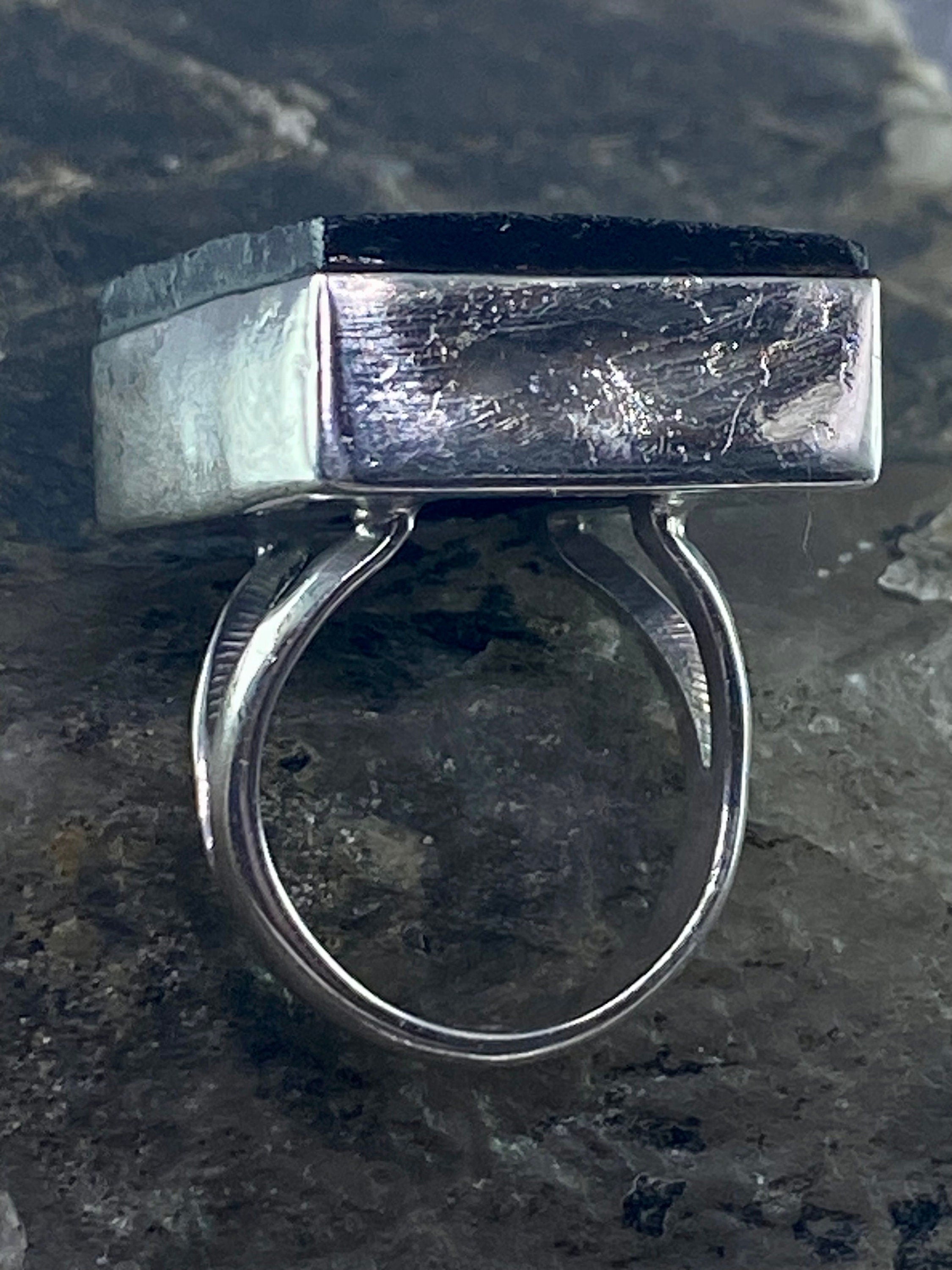 Natural Black Tourmaline and Silver Ring (F)